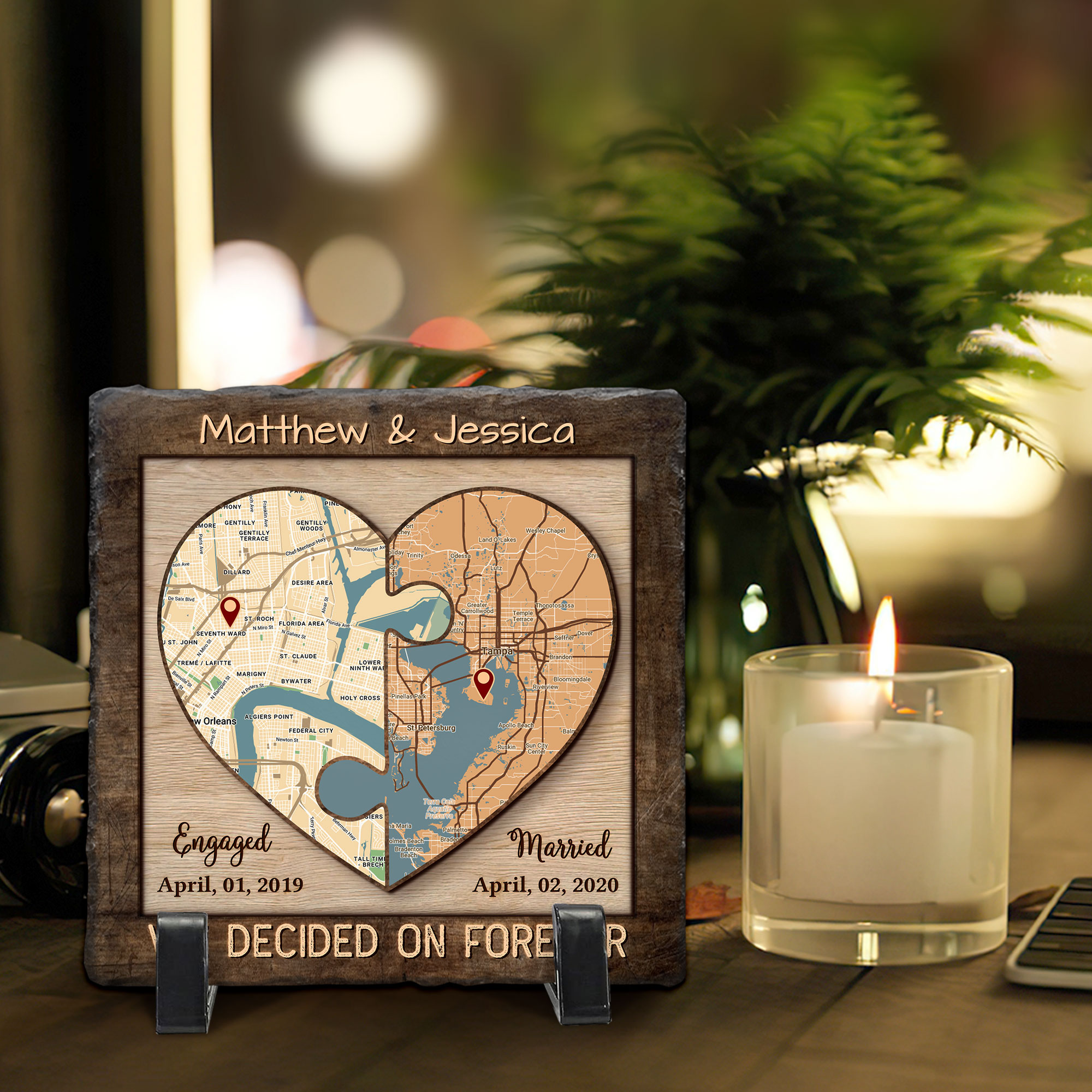 We Decided On Forever Custom Map Stone With Stand, Long Distance Relationship Gift, Couple Anniversary Gifts