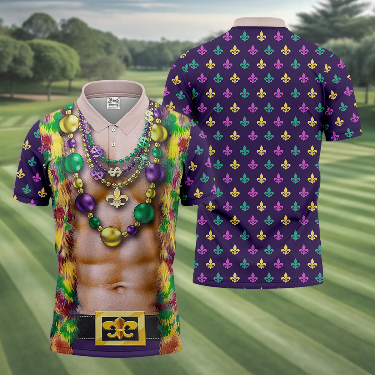 Green Purple Gold Fleur De Lis Symbol Fun Suit Mardi Gras Print Golf Shirt, Fun Golf Shirts For Men, Polo For Men