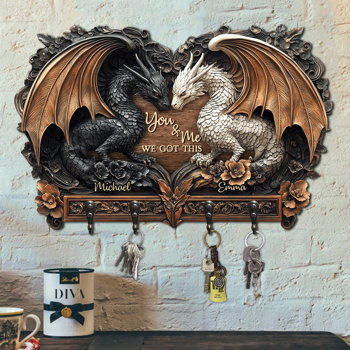 Dragon Couple Wooden Key Holder, Entryway Key Holder, Wall Mount Key Holder, Gift For Couple