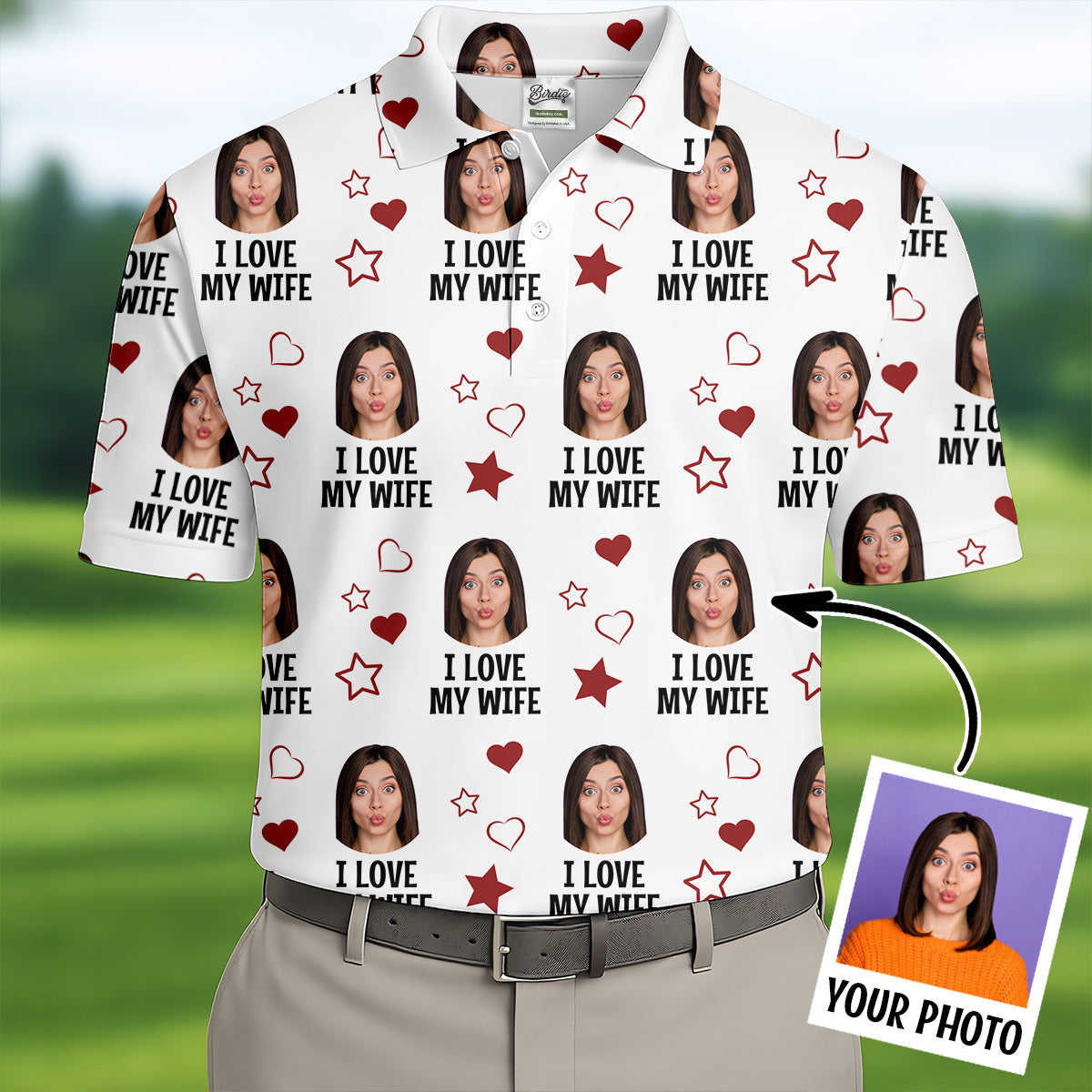 I Love My Wife Custom Face White Golf Shirt, Fun Golf Shirts For Men, Valentines Golf Gift, Polo Shirts For Men