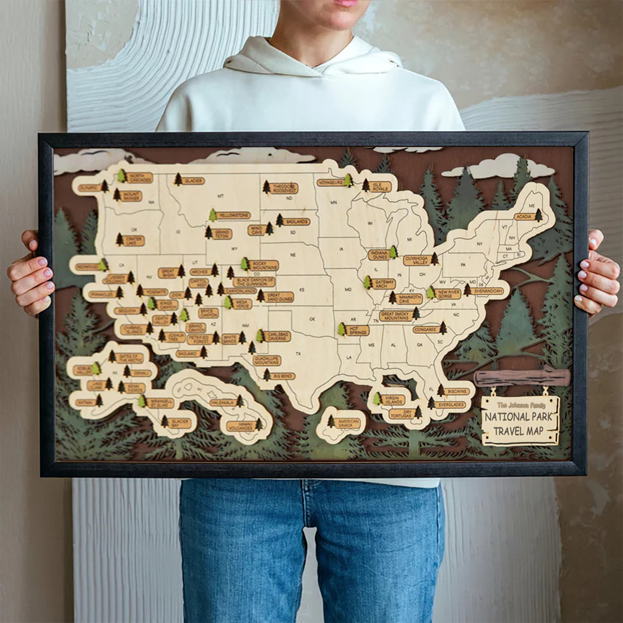 Personalized US 3D Wooden National Parks Travel Map With Trees To Record, Wooden Travel Map, National Park Tracker