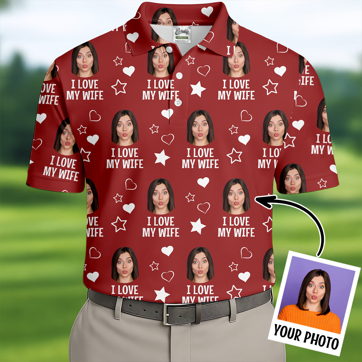I Love My Wife Custom Face Red Golf Shirt, Fun Golf Shirts For Men, Valentines Golf Gift, Polo Shirts For Men