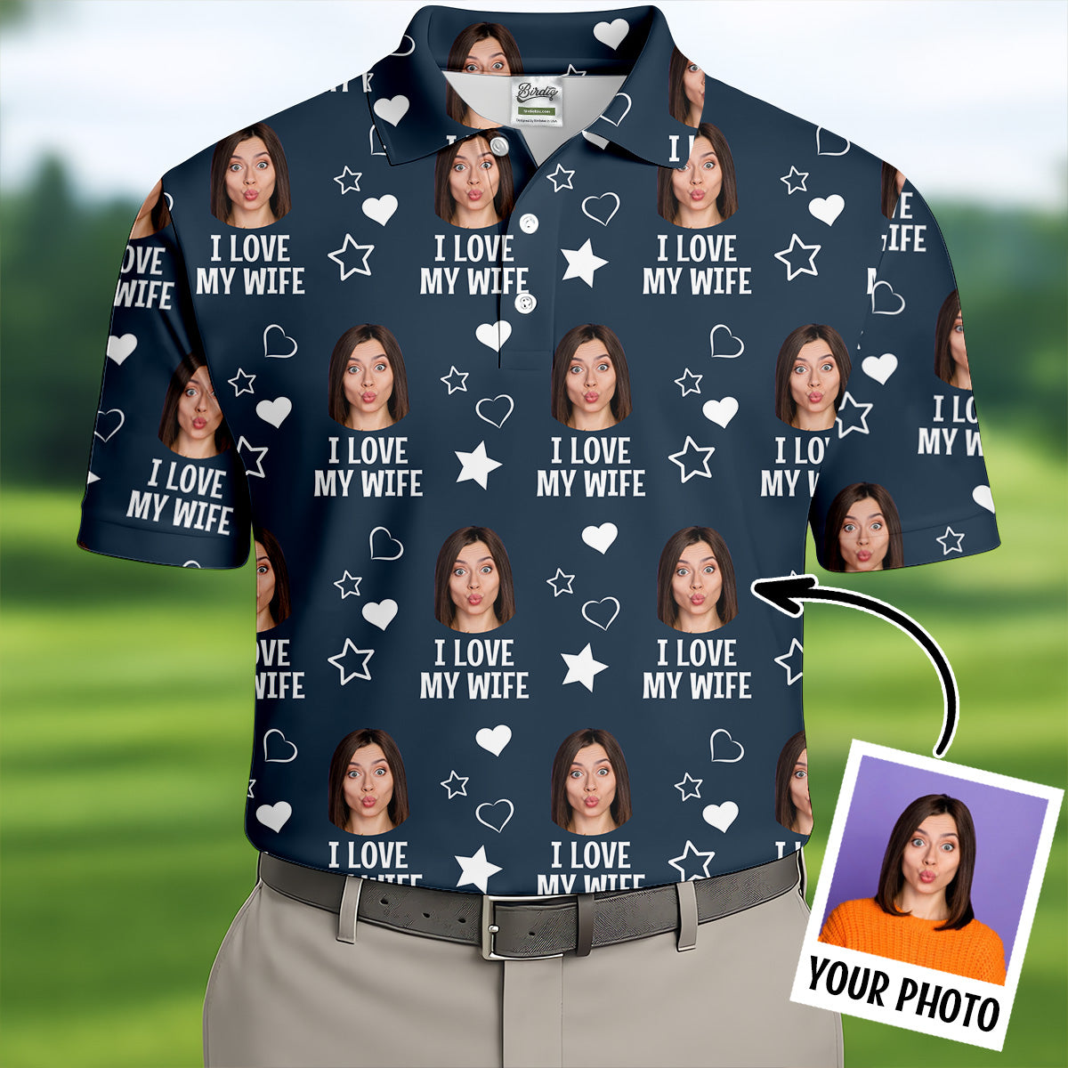I Love My Wife Custom Face Navy Golf Shirt, Fun Golf Shirts For Men, Valentines Golf Gift, Polo Shirts For Men