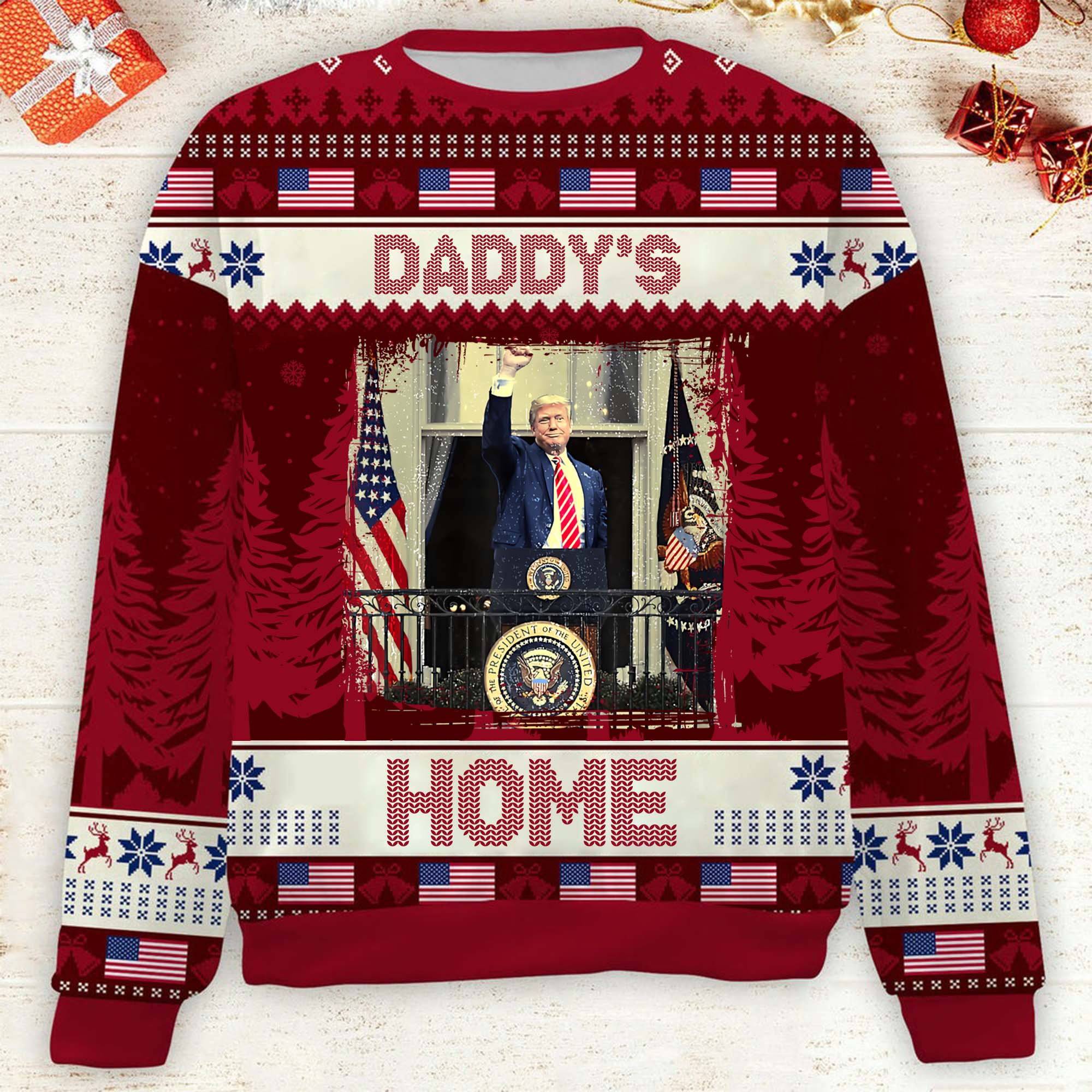 Daddy's Home Funny Humorous Trump2024 Christmas Ugly Sweaters, Funny Political Shirt