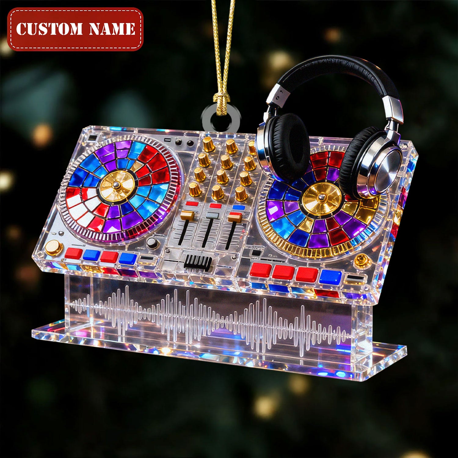 DJ Table Custom Name Stained Glass Effect Acrylic Christmas Ornament, Gift For DJ, Music Ornament