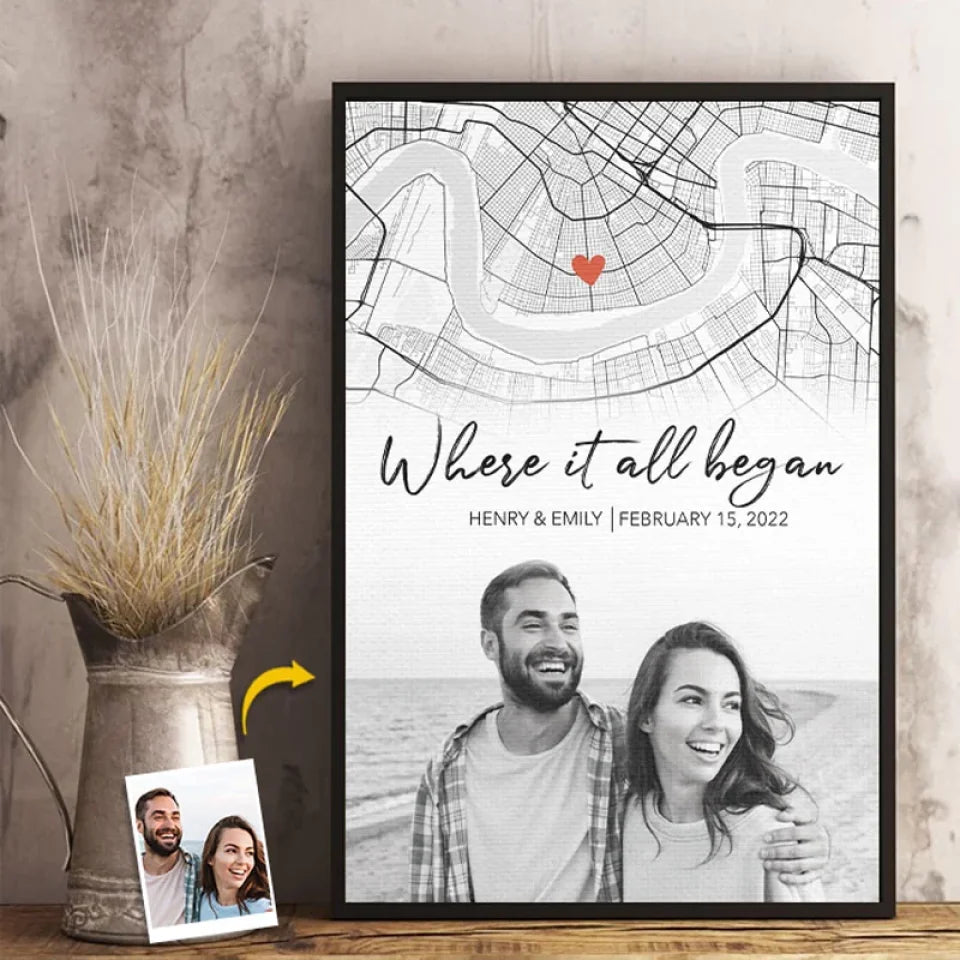Custom Photo Where It All Begin Poster, Our First Date Map Poster, Wall Art Home Decor, Anniversary Gifts