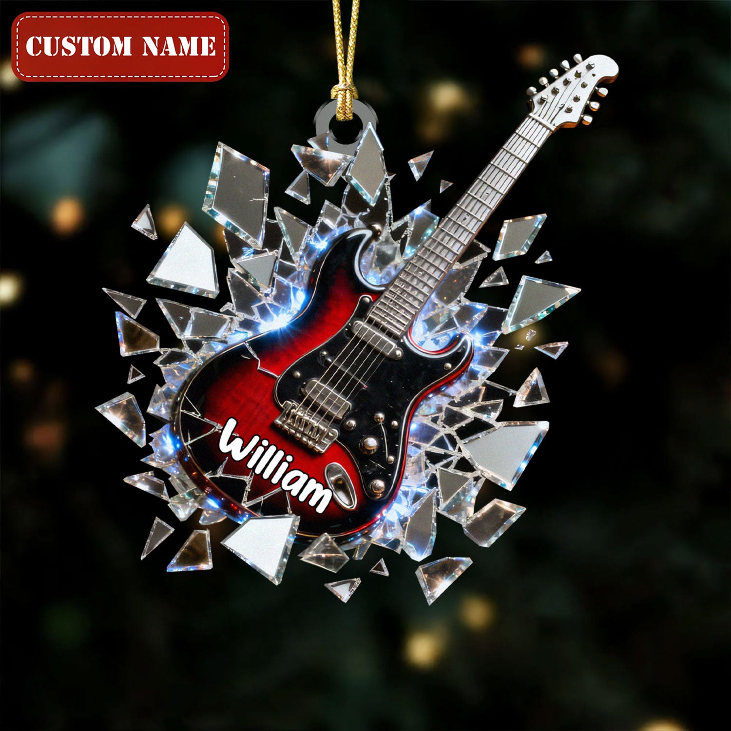 Shattered-Mirror Mini Electric Guitar Custom Name Stained Glass Effect Acrylic Christmas Ornament, Guitarist Gift