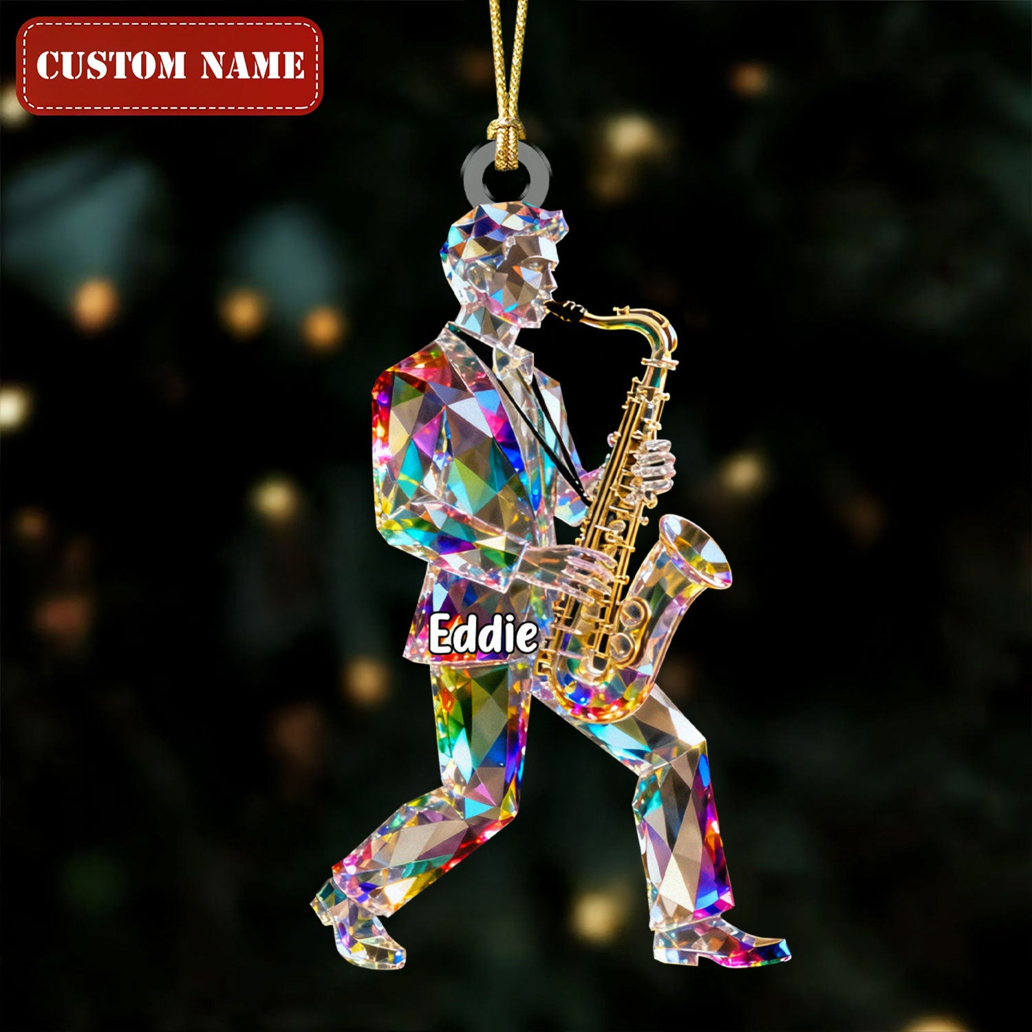 Male Saxophonist Custom Name Stained Glass Effect Acrylic Christmas Ornament, Music Ornament, Musician Gift