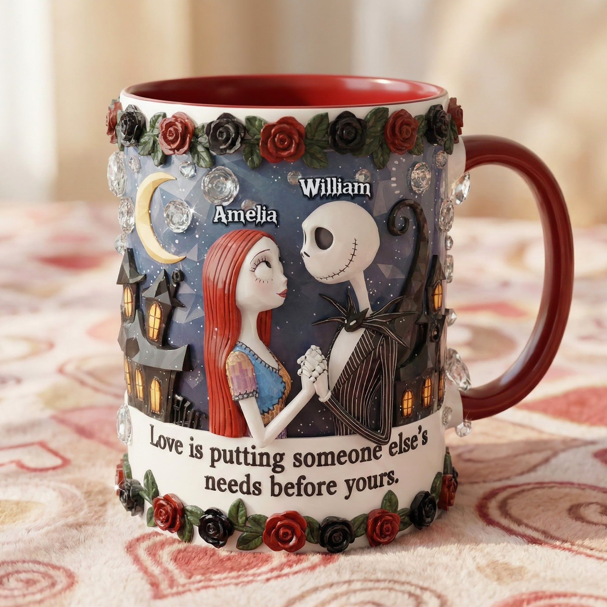 Love Is Putting Someone Else's Needs Before Yours Gothic Couple Personalized Mug, Funny Valentines Gift