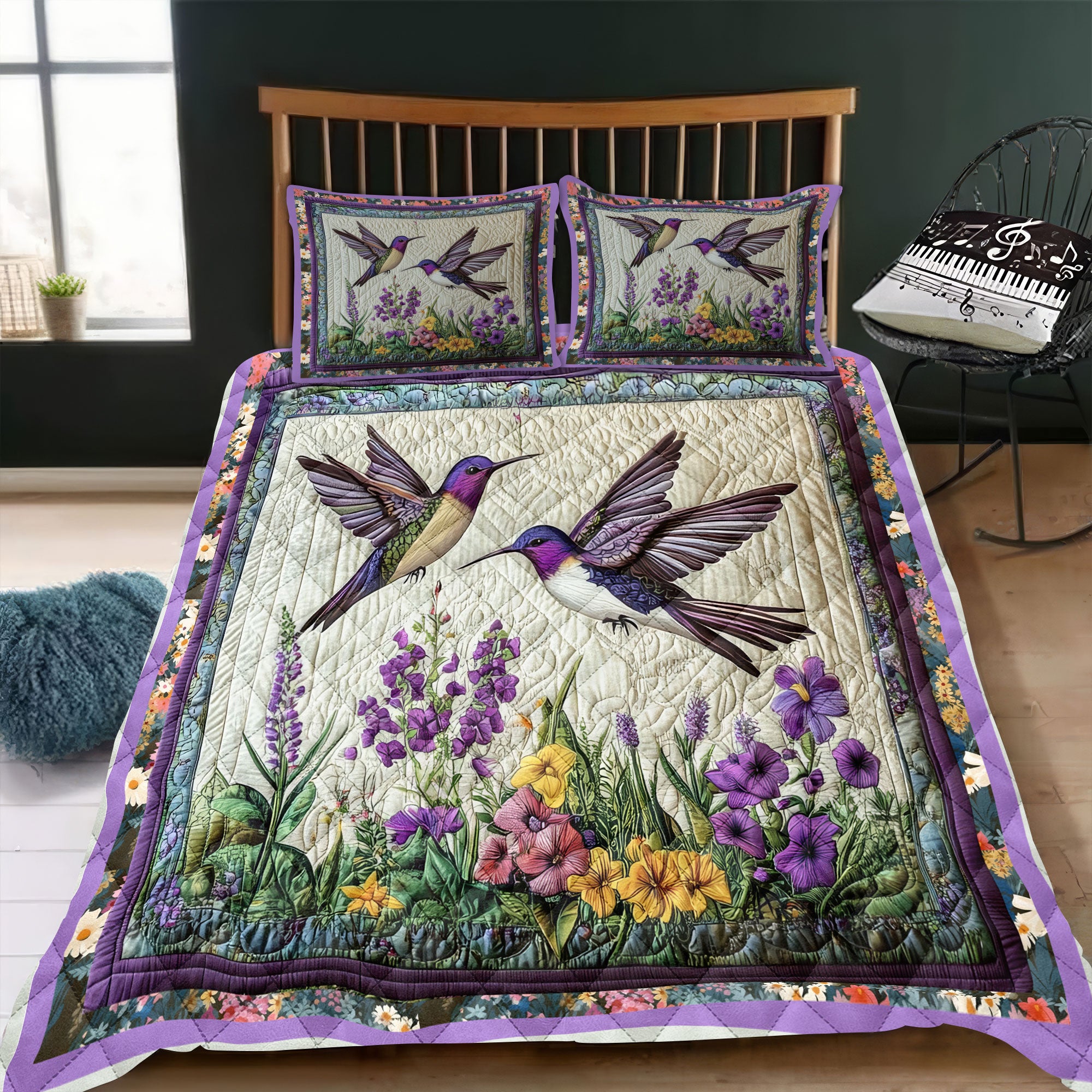 Couple Hummingbirds Quilt Bed Sets, Couple Bedding Set, Couple Valentine Gift, Bird Lovers Gifts