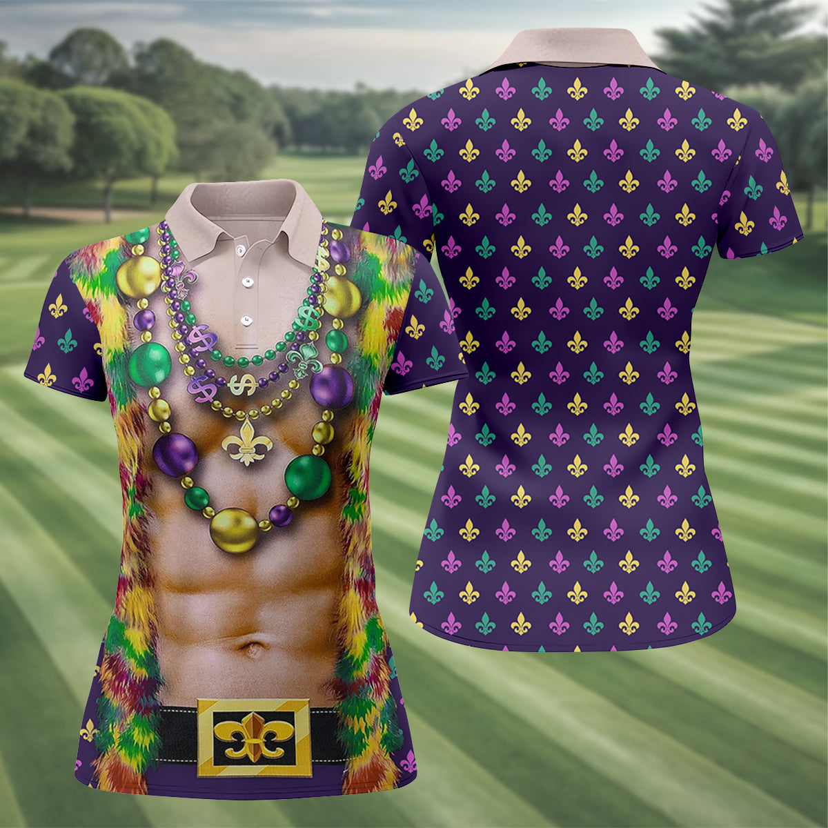 Green Purple Gold Fleur De Lis Symbol Fun Suit Mardi Gras Print Golf Shirt, Fun Women's Golf Shirts, Ladies Golf Polos