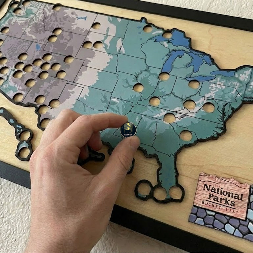 National Park Travel Map With Pins, National Parks Wooden Map Tracker