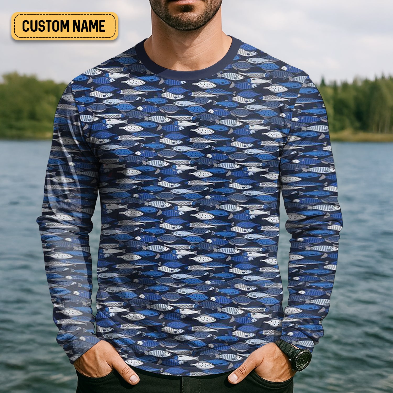 Blue Fish Pattern Performance Fishing Shirts, SPF Shirt For Men, Hooded Fishing Shirt, Fishing Shirts For Men