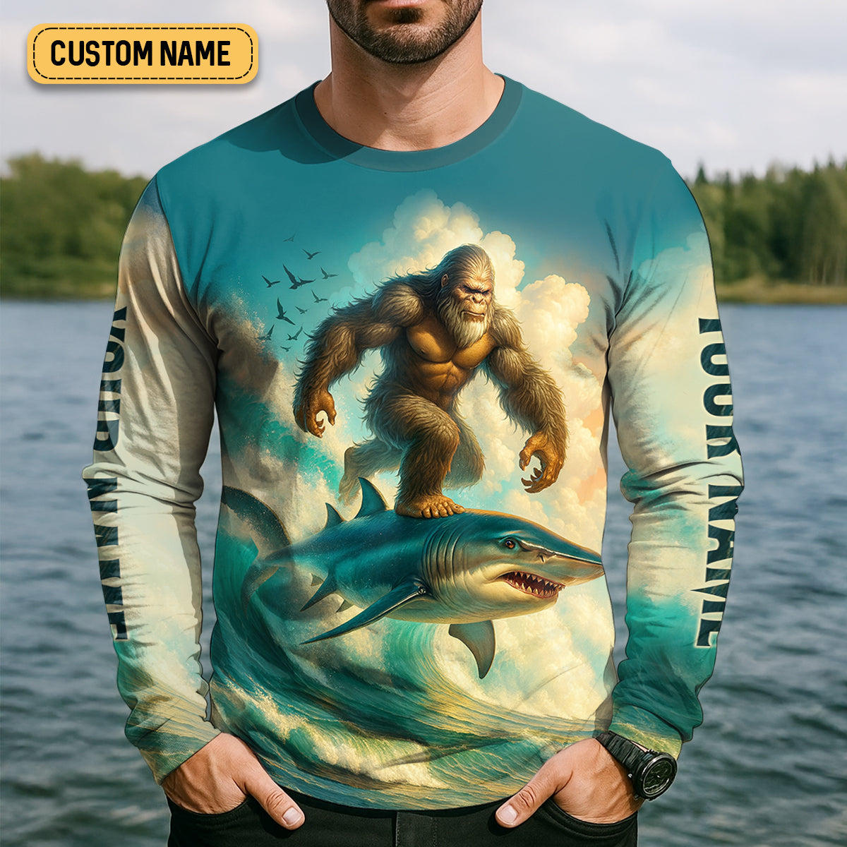 Bigfoot's New Ride Shark Surfing Fishing UPF Shirts, Funny Fishing Shirt, Presents For Fishermen