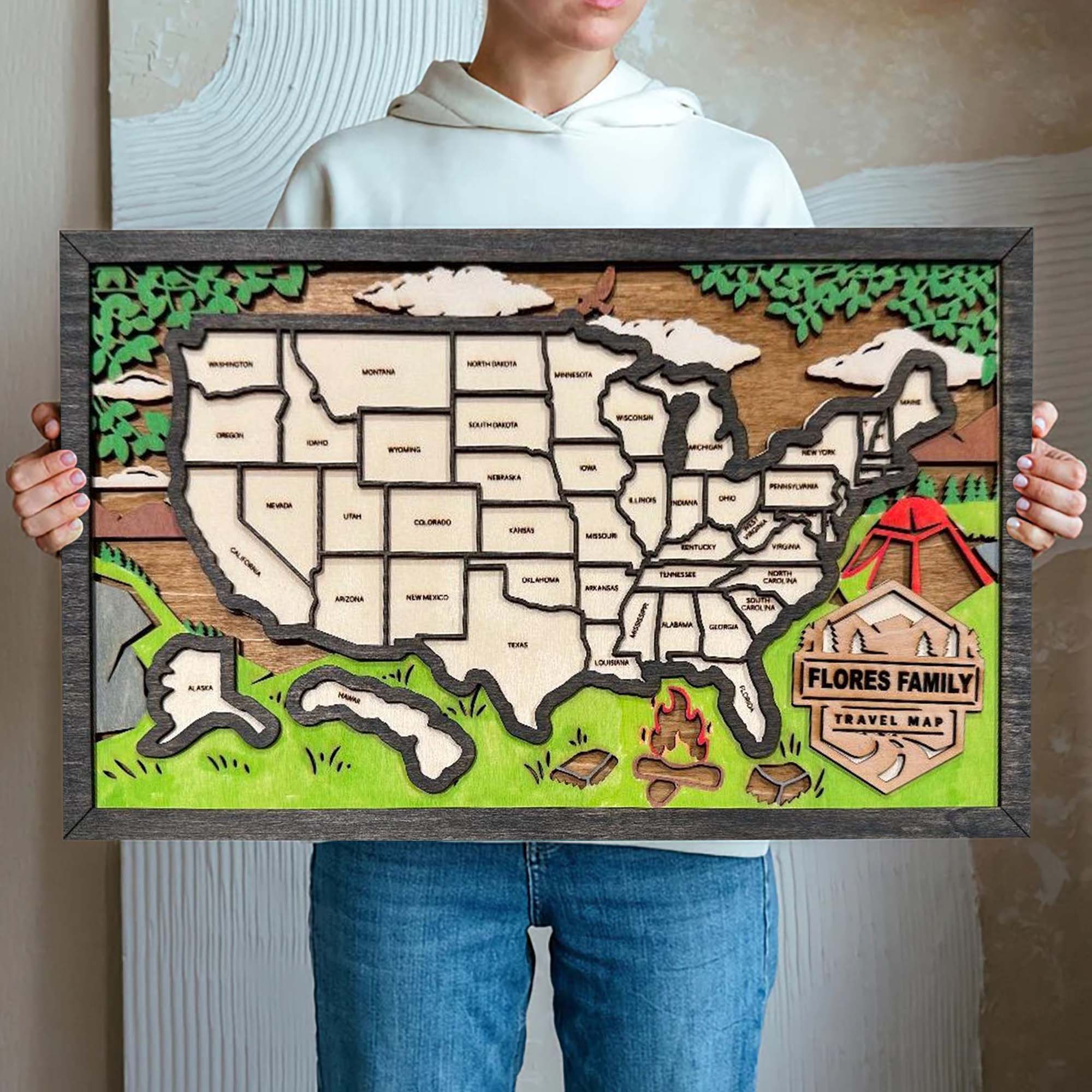 Personalized Wood US Travel Map, Camping Travel Map Tracker, Road Trip Tracker, Gift for Travelers