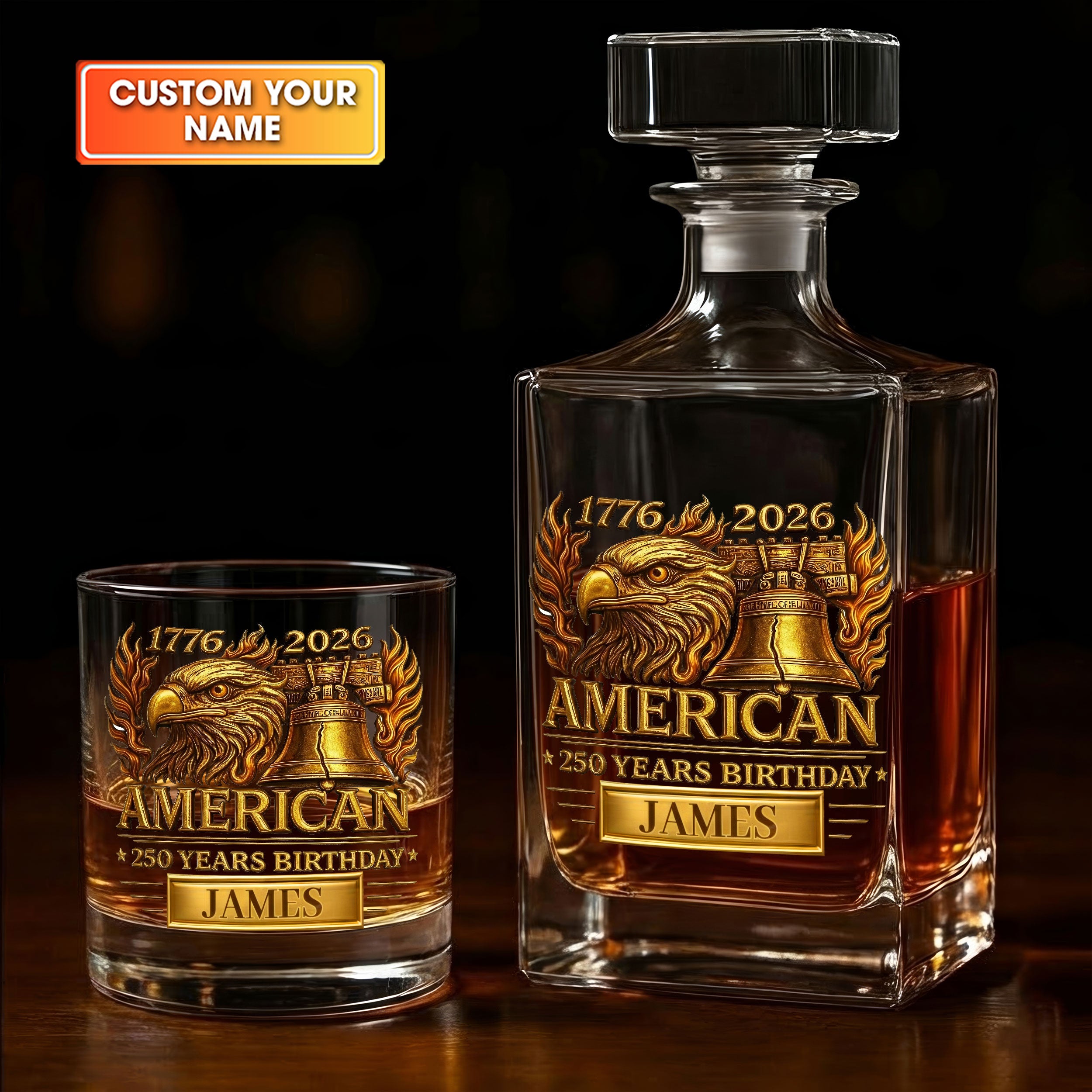 1776-2026 American 250 Years Birthday Whiskey Decanter Set, America Patriot Whiskey Glasses