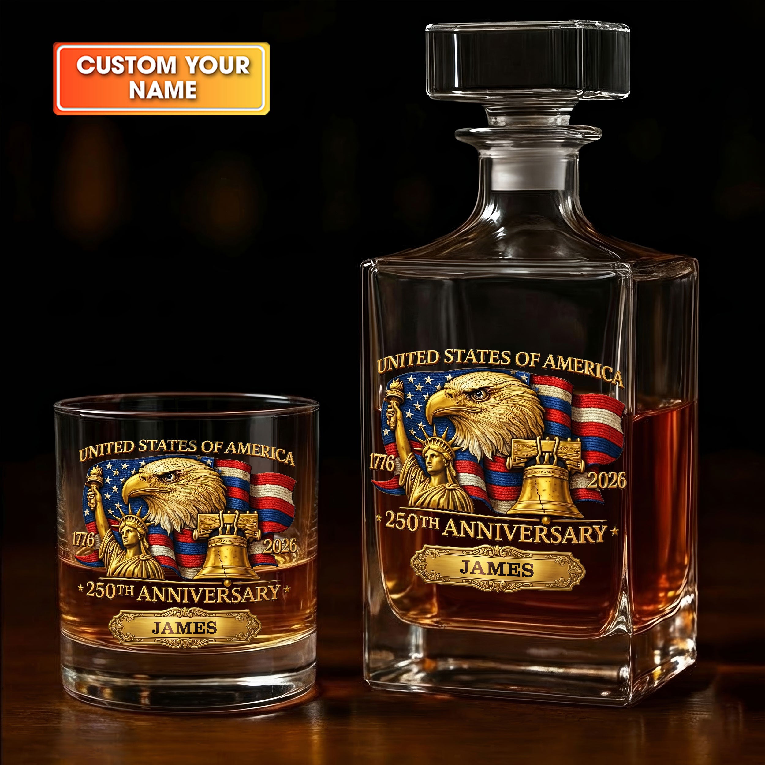 250th Anniversary Eagle And Flag Satue Of Liberty Whiskey Decanter Set, America Patriot Whiskey Glasses