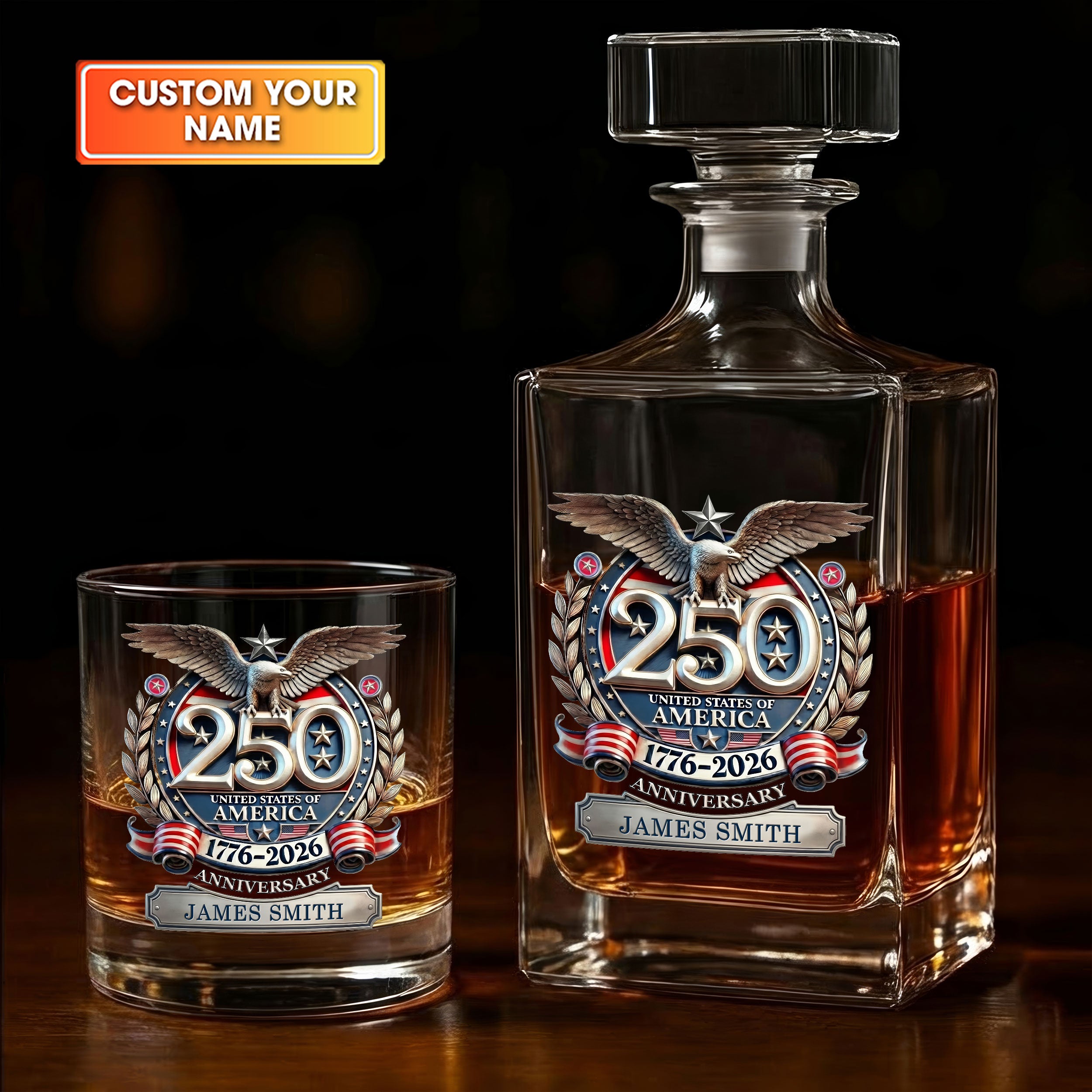 250th Anniversary American Bald Eagle Whiskey Decanter Set, America Patriot Whiskey Glasses