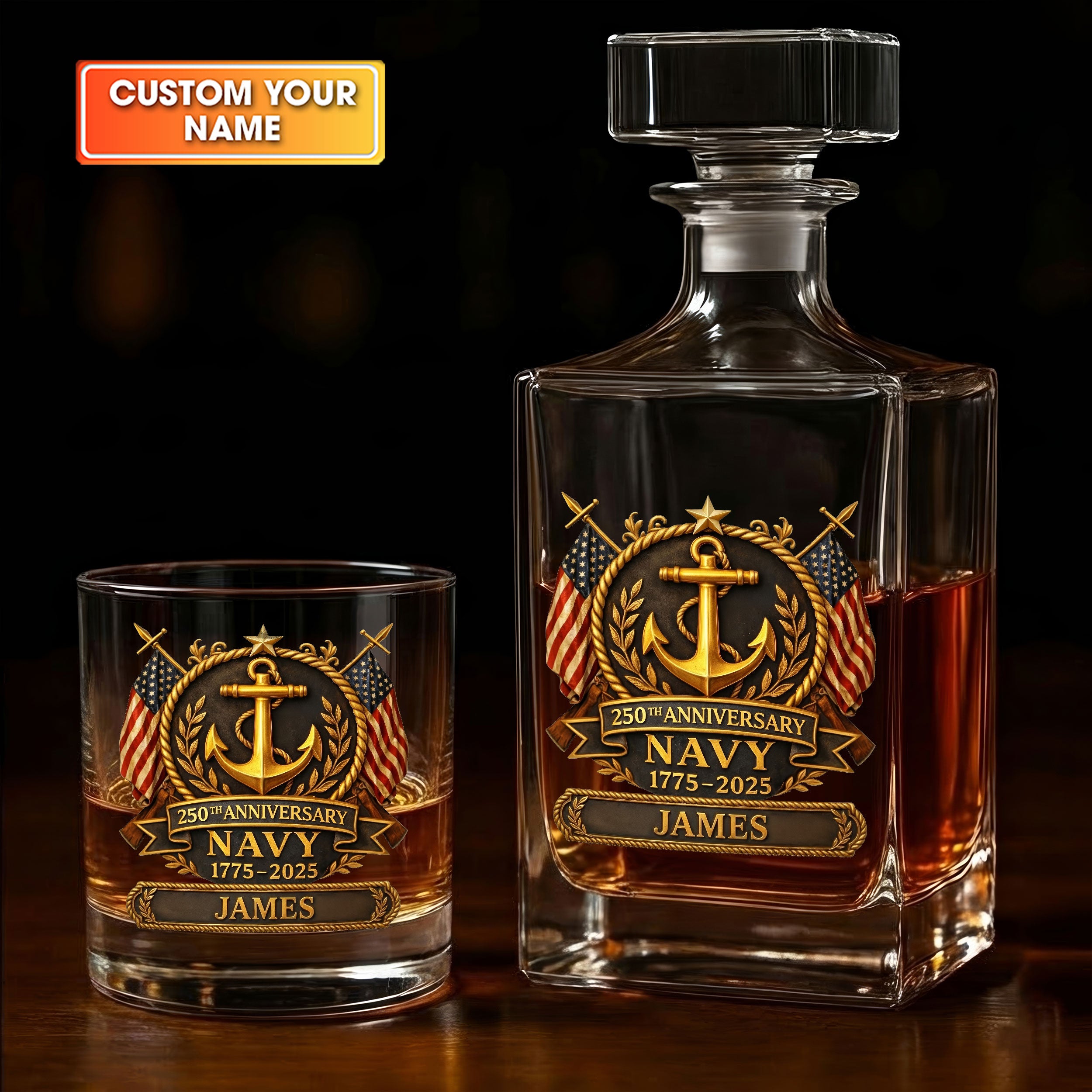 250th Anniversary Navy 1775-2025 Gold Emblem Whiskey Decanter Set, America Patriot Whiskey Glasses