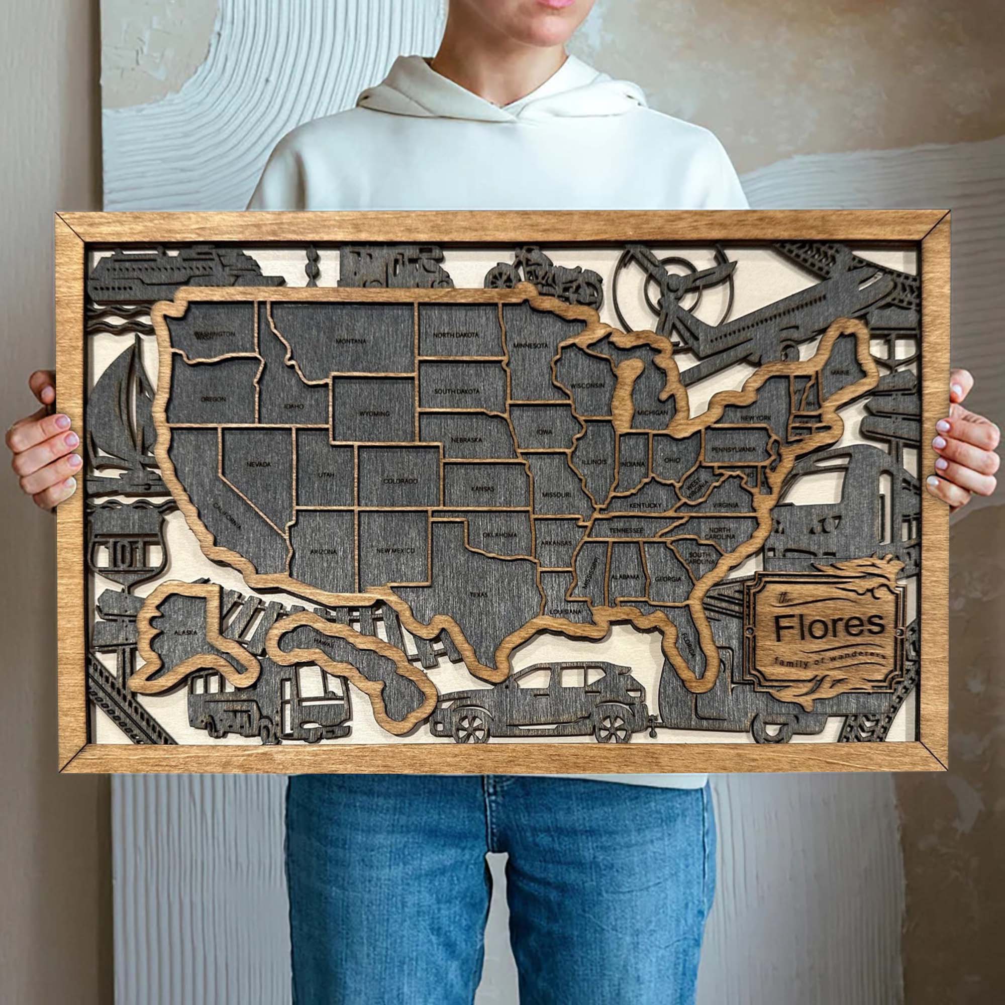 Personalized Wood US Travel Map, Transportation Travel Map Tracker, Road Trip Tracker, Gift for Travelers