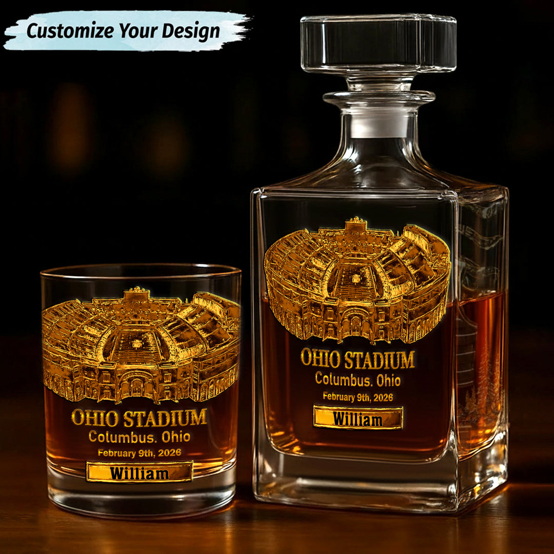 Ohio Stadium Whiskey Decanter Set, Football Stadium Whiskey Glasses, Luxury Whiskey Glass