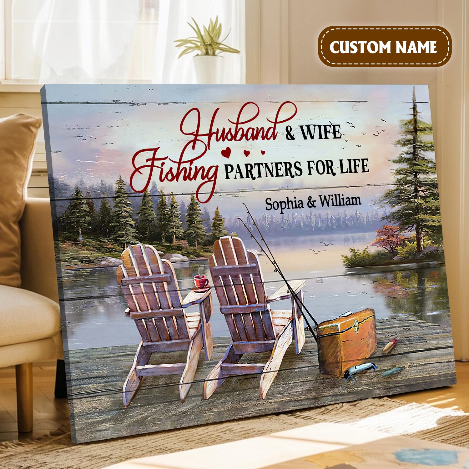 Husband And Wife Fishing Partners For Life Lake Side Canvas Wall Art, Valentines Fishing Custom Couple Gift