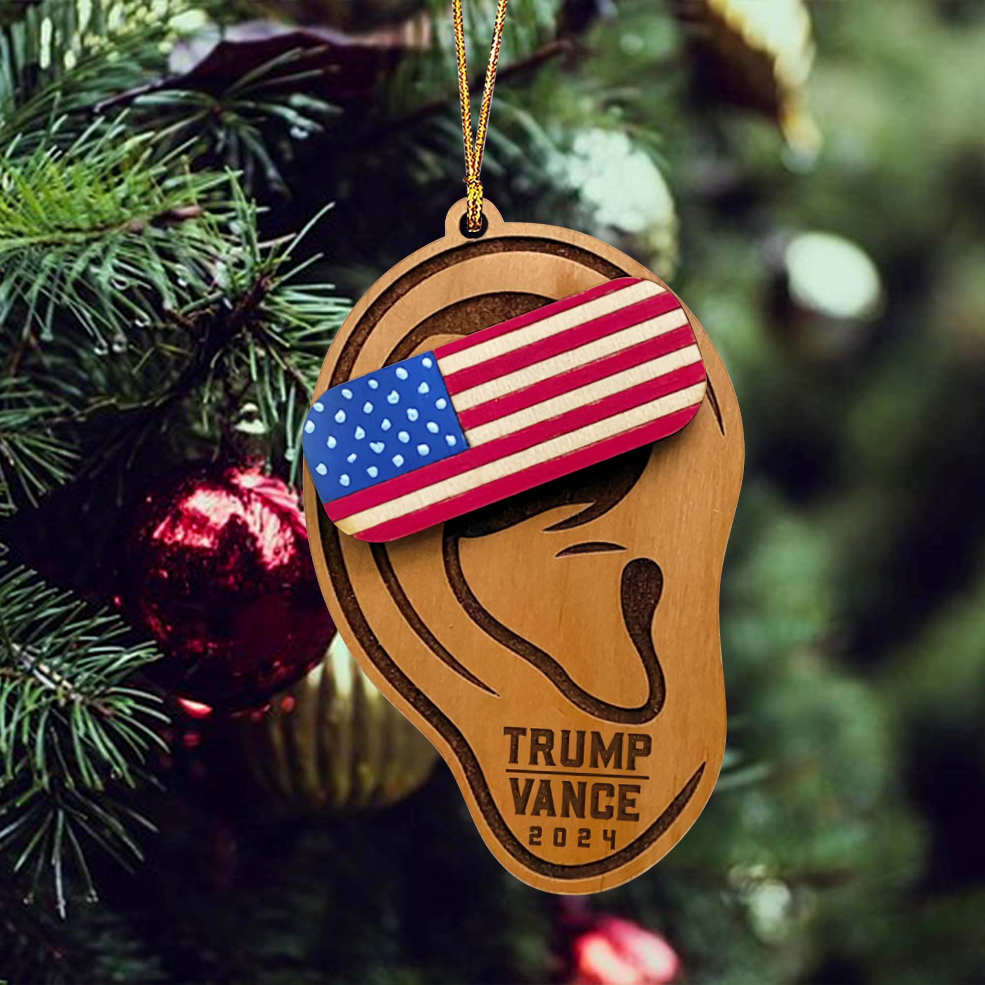 Trump Ear Wood Ornament, Trump2024 Funny Political Wood Ornament, Christmas Decor