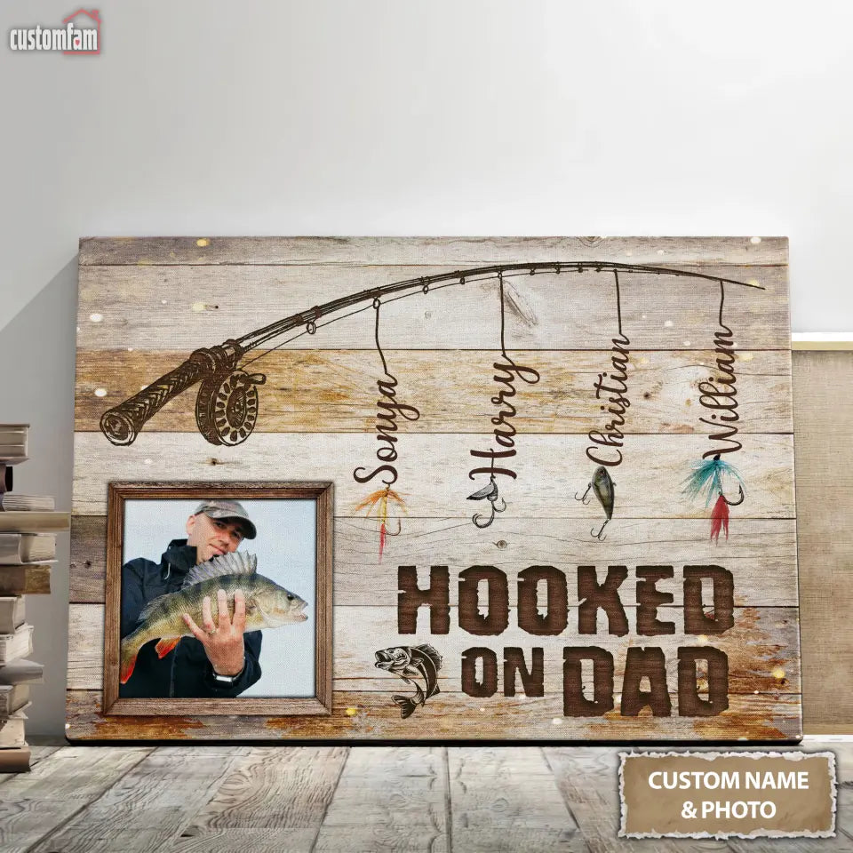 Hooked On Dad Personalized Photo Canvas Wall Art, Memorial Gift For Dad, Fishing Gift, Father's Day Gift