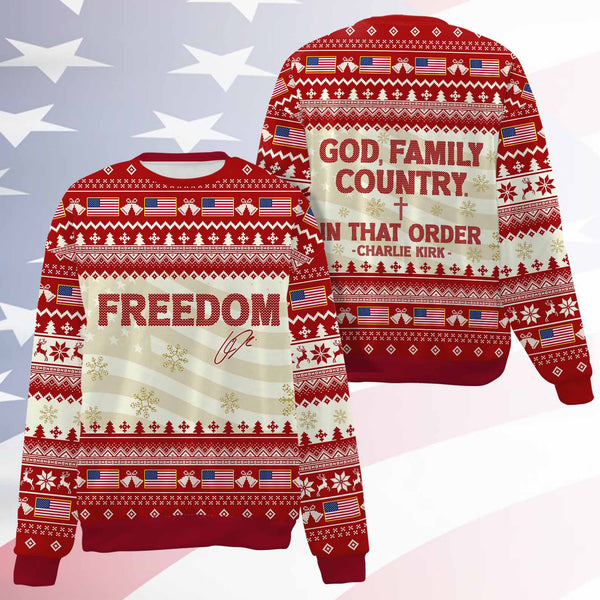 God Family Country All-Over-Printed Sweatshirt, Charlie Kirk Ugly Xmas Sweater