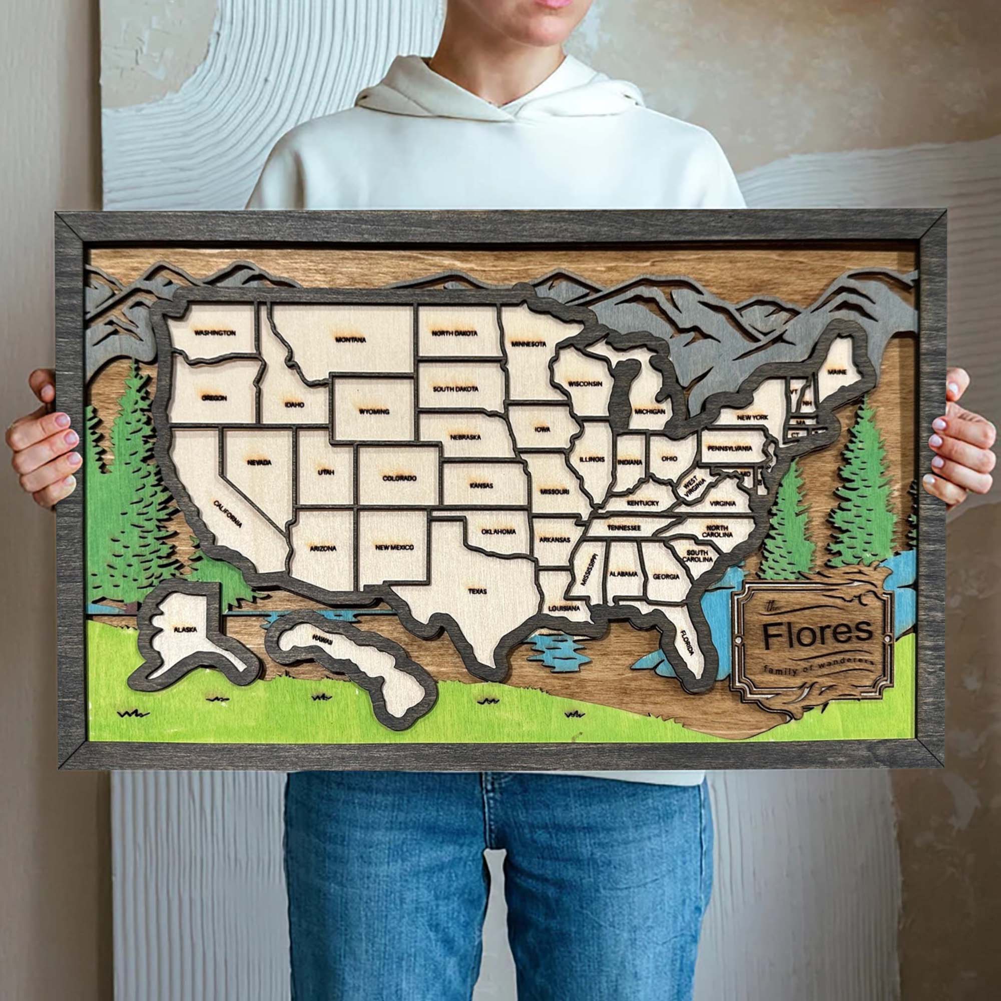 Personalized Wood US Travel Map, Mountains Travel Map Tracker, Road Trip Tracker, Gift for Travelers
