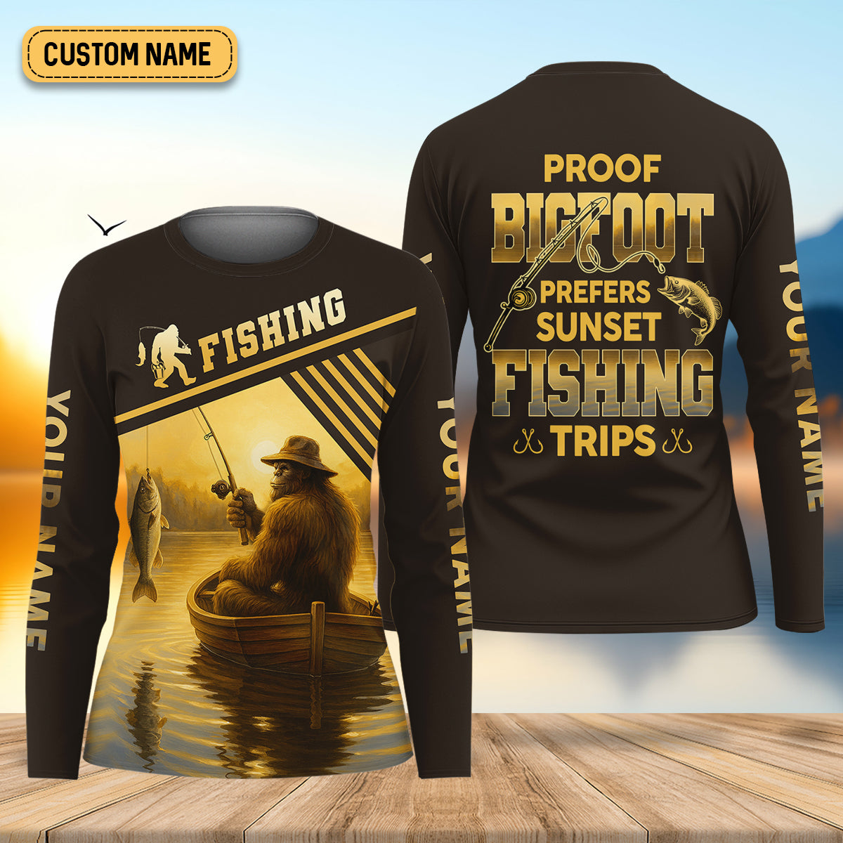 Proof Bigfoot Prefers Sunset Fishing Trips Fishing UPF Shirts, Funny Fishing Shirt, Women Fishing Shirt