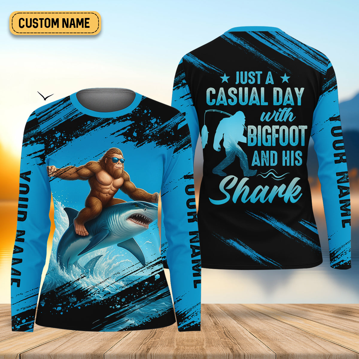 Just A Casual Day With Bigfoot And His Shark Fishing UPF Shirts, Funny Fishing Shirt, Women Fishing Shirt