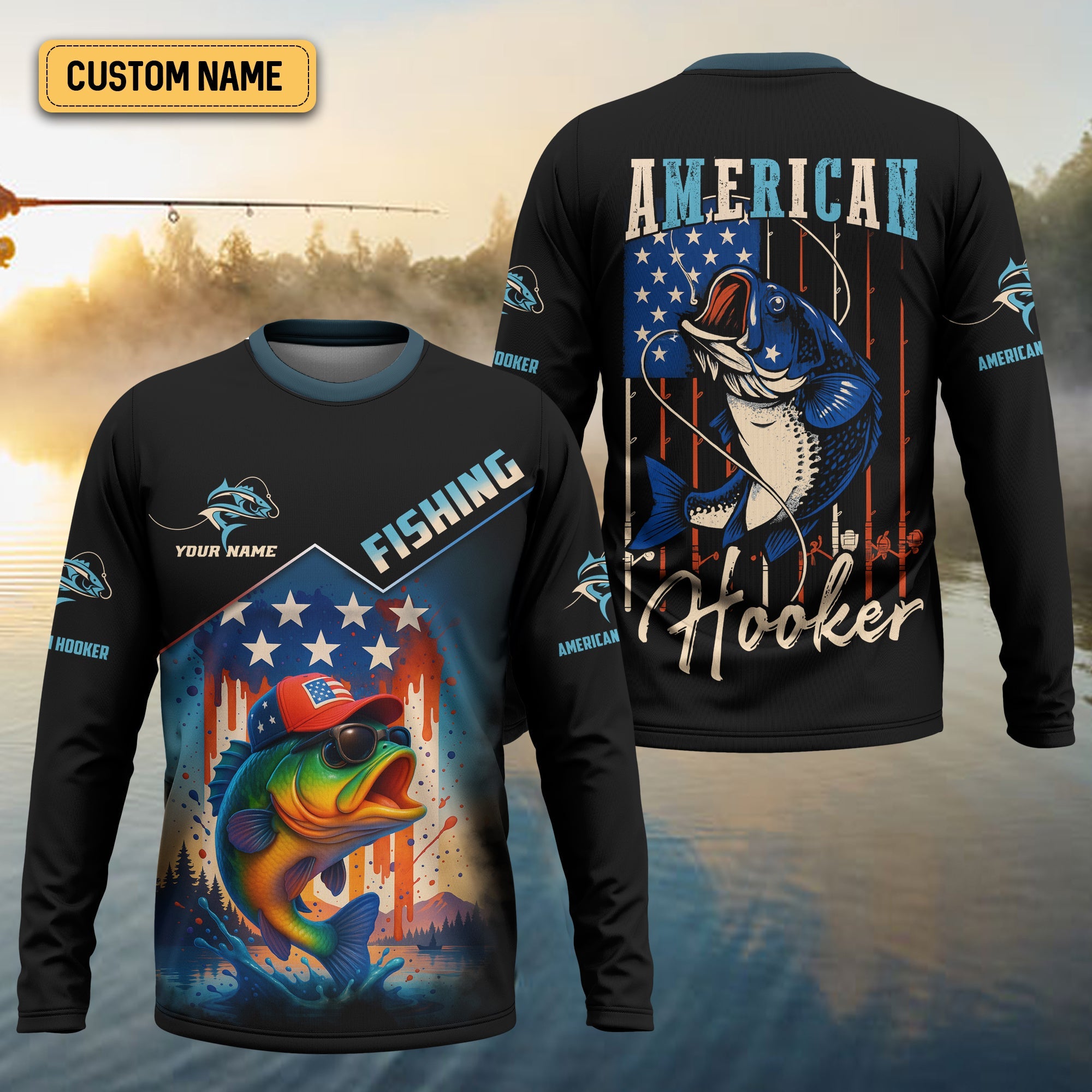 American Hooker Fishing UPF Shirts, American Flag Fish Shirt, Long Sleeve Fishing Shirts, Personalized Fishing Gifts