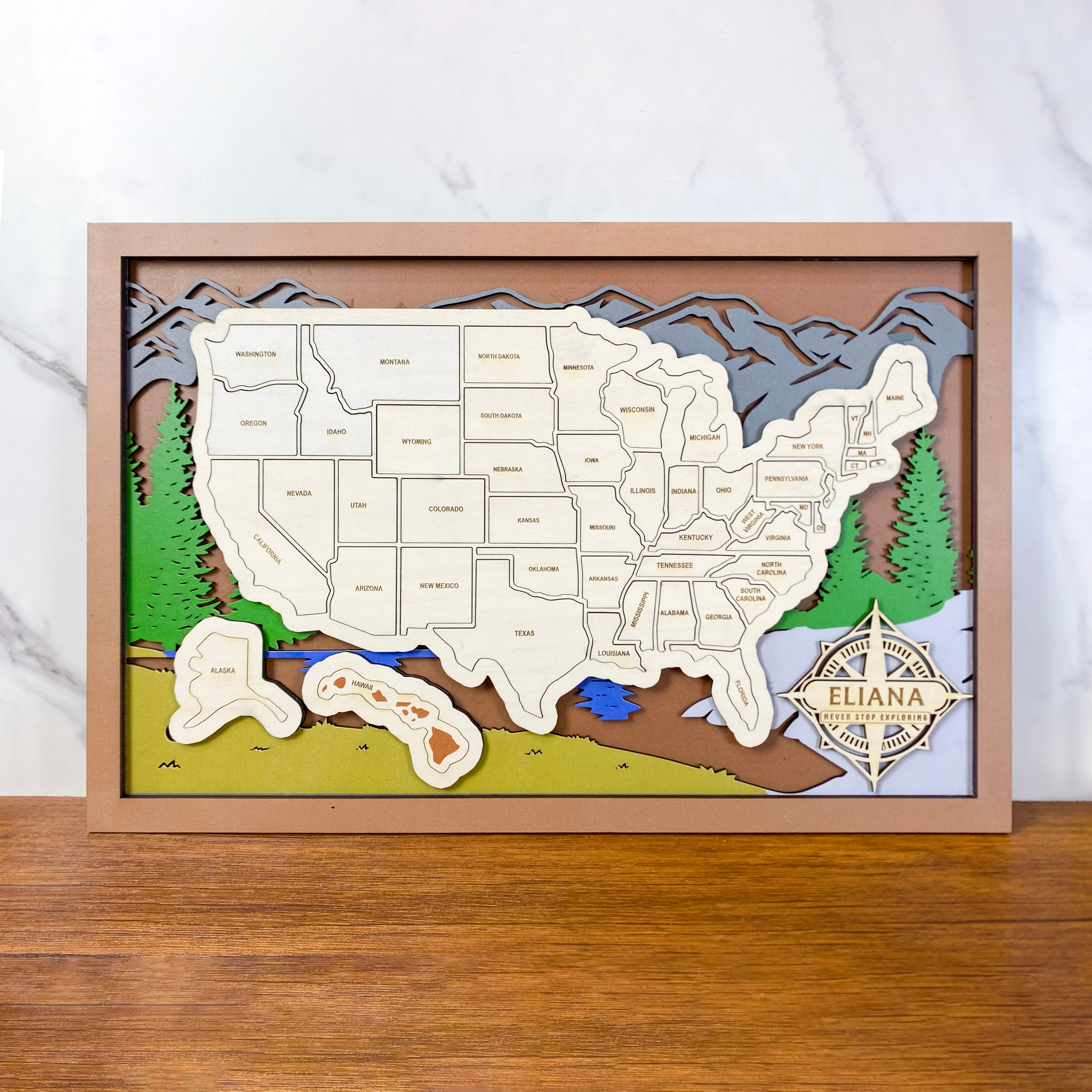 Customize USA National Parks Travel Map With Pins, National Parks Wooden Map Tracker, Compass Map