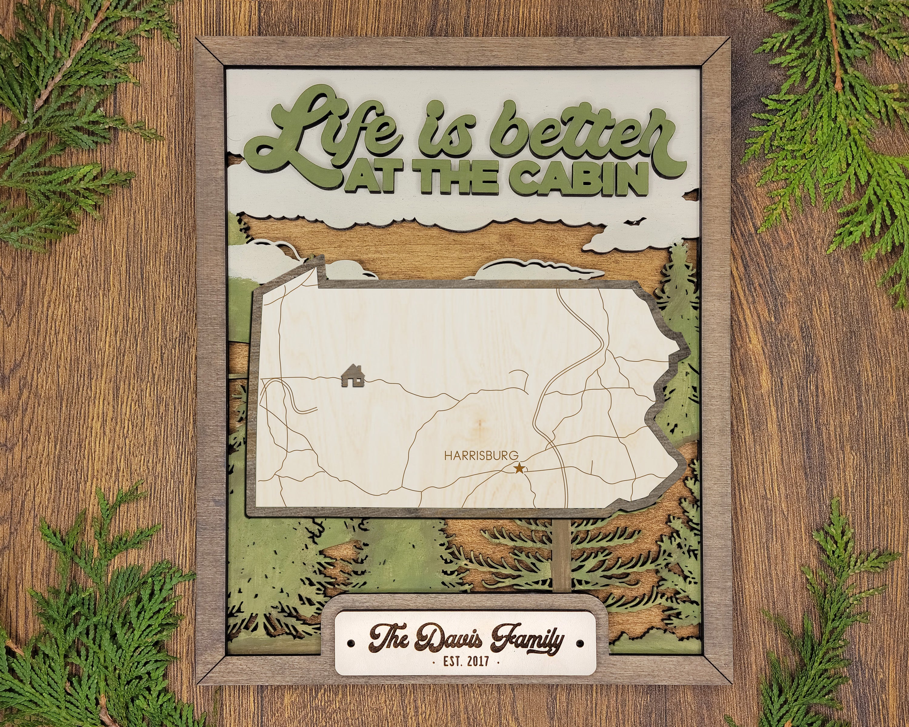 Personalized Pennsylvania States Wood Frame, 50 States 2 Layers Wood Plaque, Gift For Nature Lovers