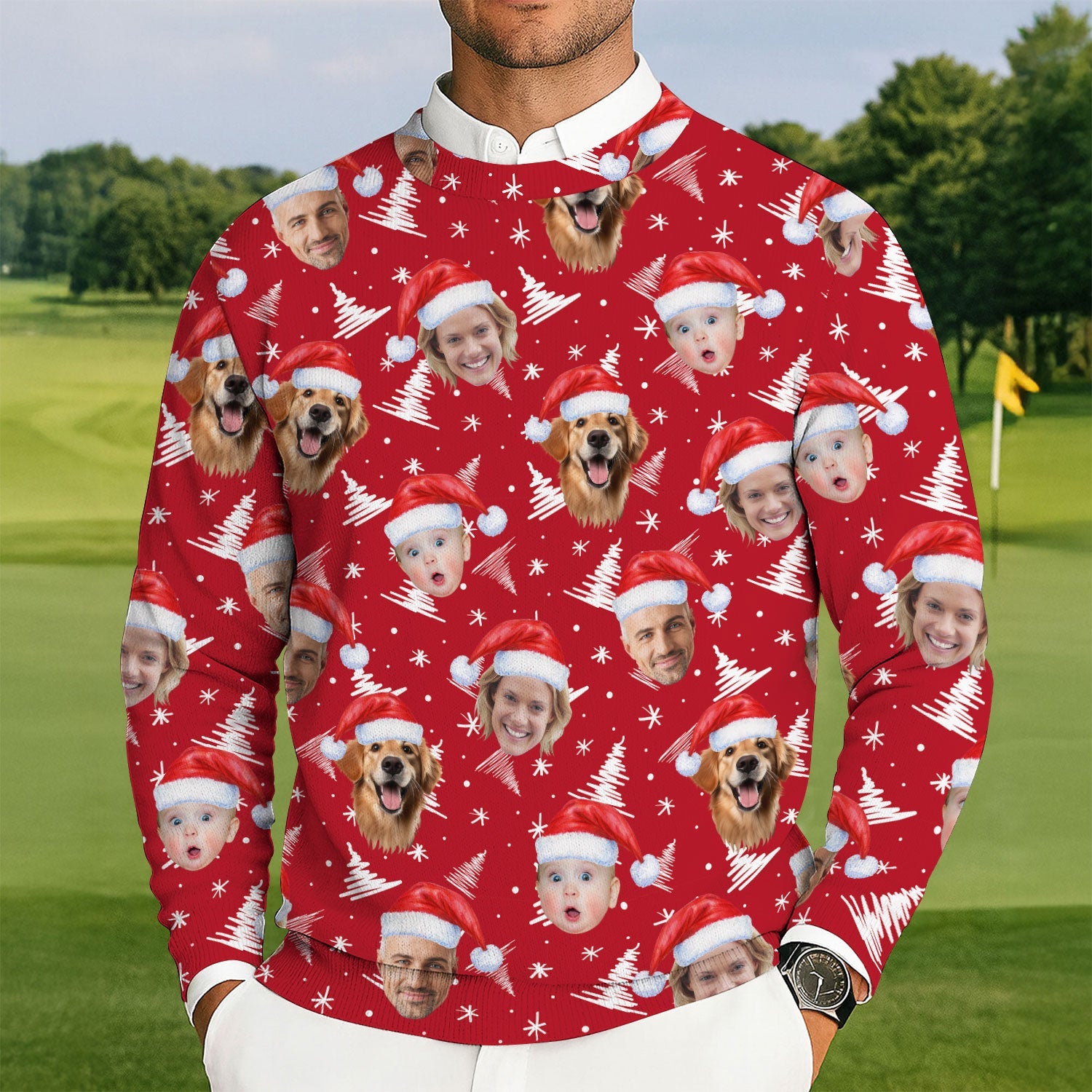 Custom Face Snow Pine Tree Red Golf Ugly Sweater, Christmas Golf Shirt, Golf Sweater, Christmas Golf Gift