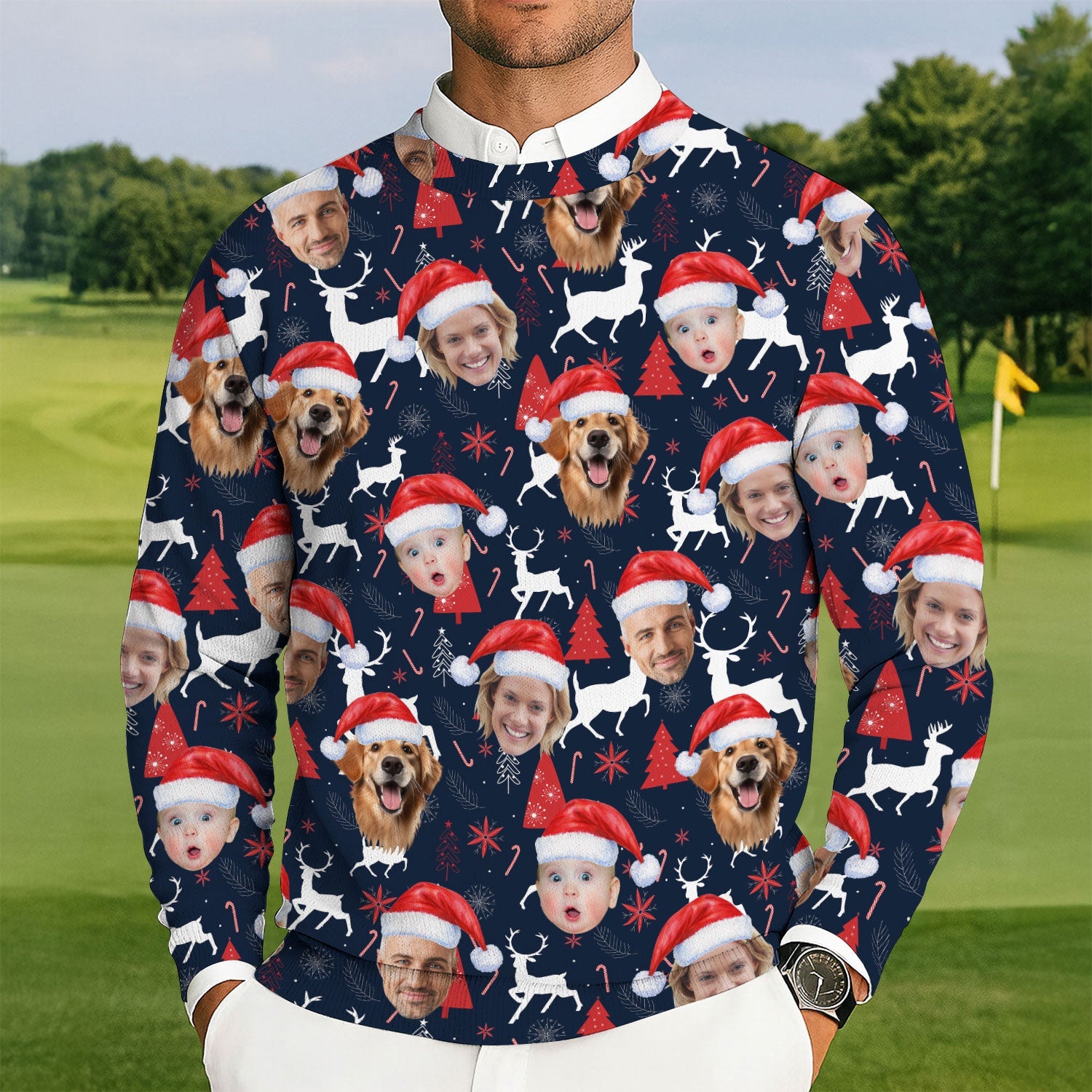 Custom Face Red And Navy Seamless Pattern Golf Ugly Sweater, Christmas Golf Shirt, Golf Sweater