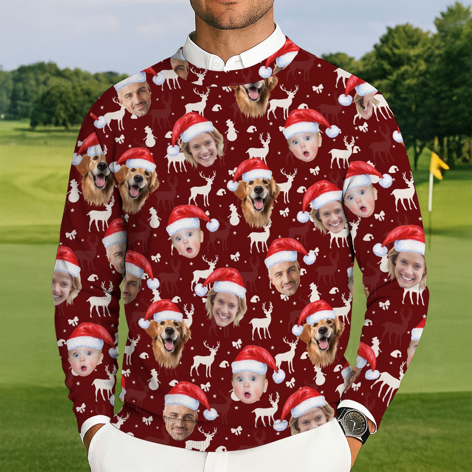 Custom Face Snow Figure Maroon Golf Ugly Sweater, Christmas Golf Shirt, Golf Sweater, Christmas Golf Gift