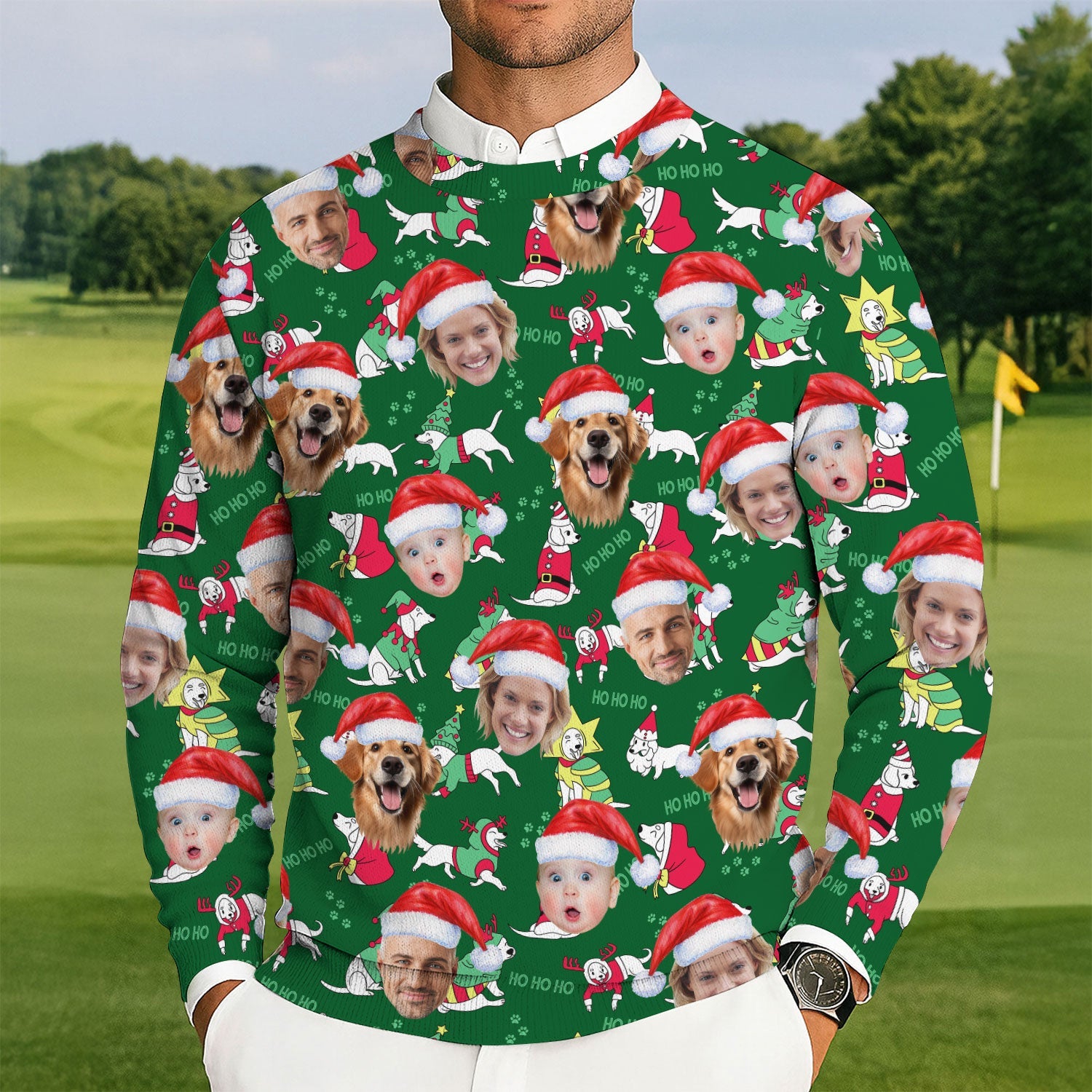 Custom Face Ho Ho Ho Cute White Dog Golf Ugly Sweater, Christmas Golf Shirt, Golf Sweater