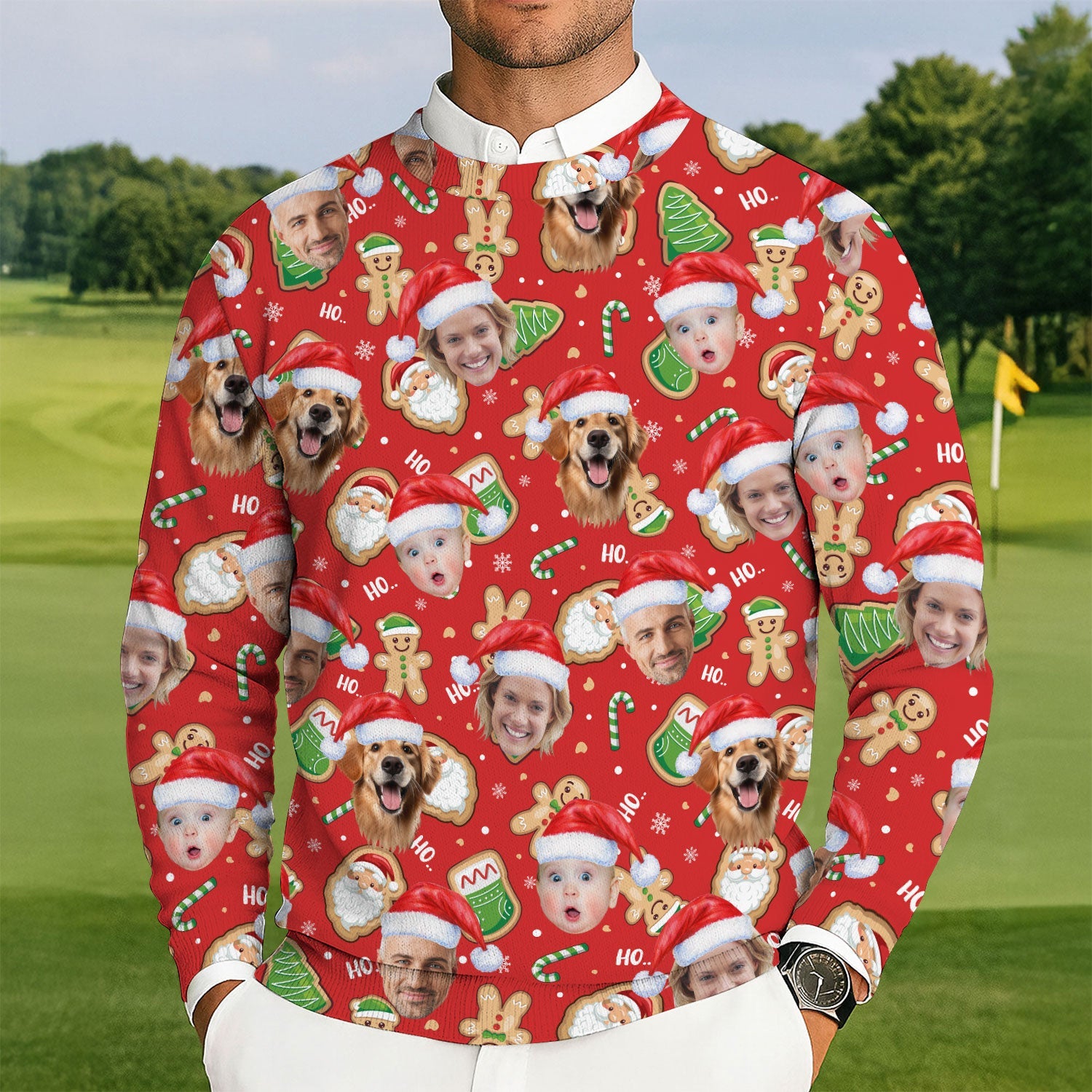 Custom Face Ho... Gingerbread Pattern Red Golf Ugly Sweater, Golf Ugly Christmas Sweater, Christmas Golf Shirt