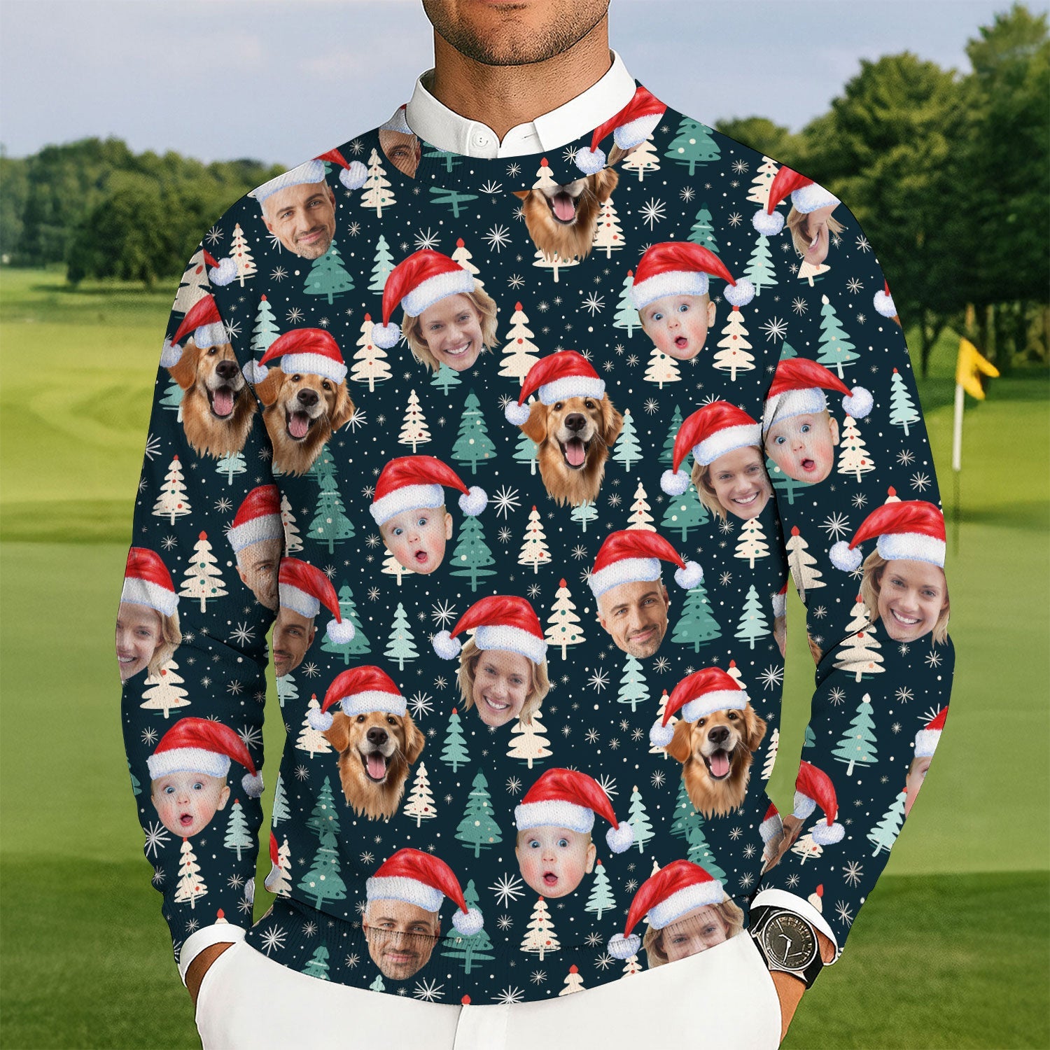 Custom Face Little Pine Tree Snowflake Pattern Golf Ugly Sweater, Golf Ugly Christmas Sweater, Christmas Golf Shirt