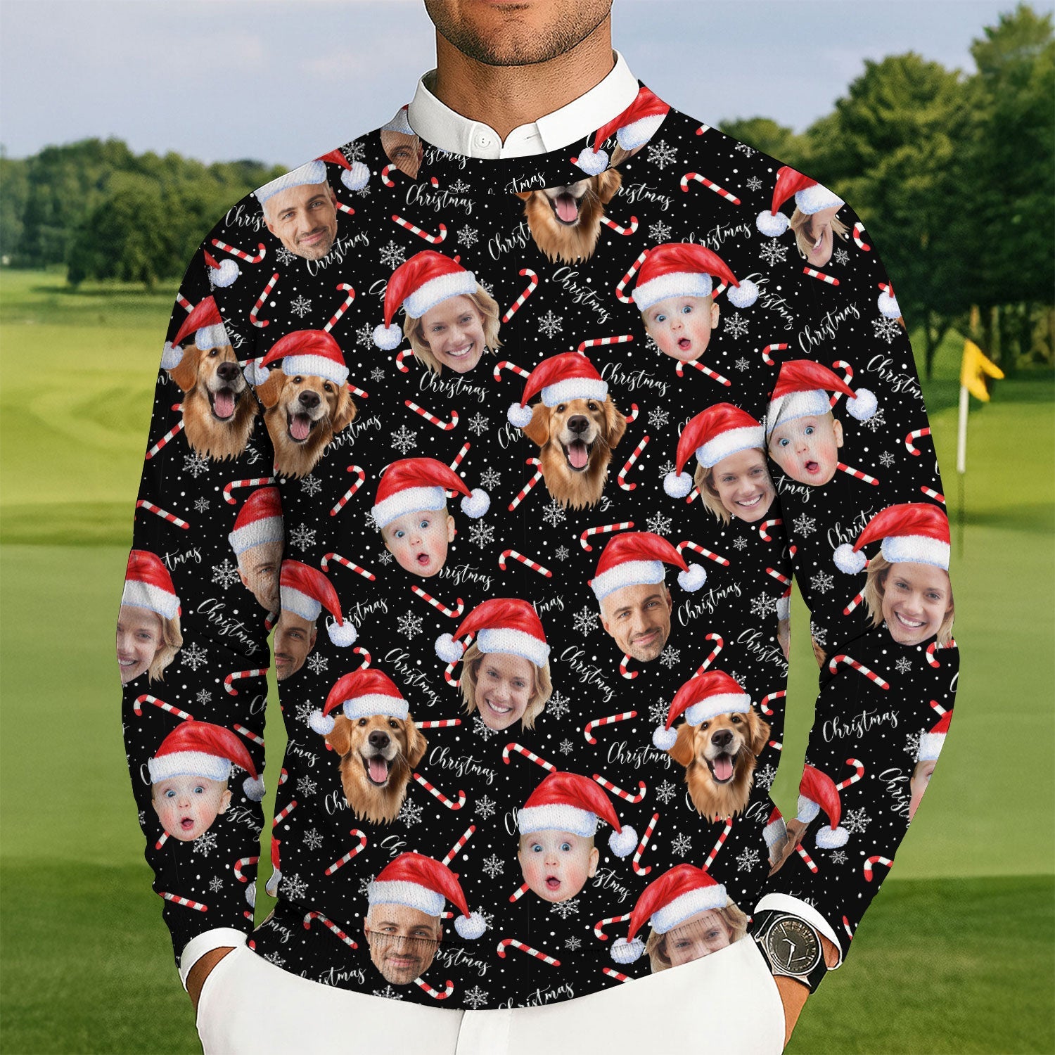Custom Face Candy Cane Christmas Black Golf Ugly Sweater, Christmas Golf Shirt, Golf Sweater, Christmas Golf Gift