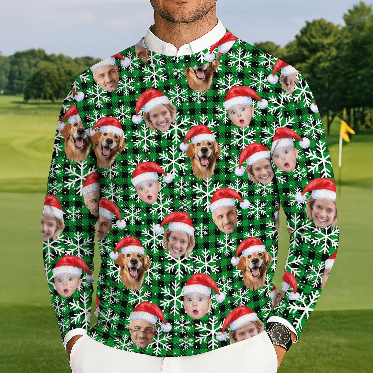 Custom Face Green And Black Checkered Golf Ugly Sweater, Christmas Golf Shirt, Golf Sweater, Christmas Golf Gift