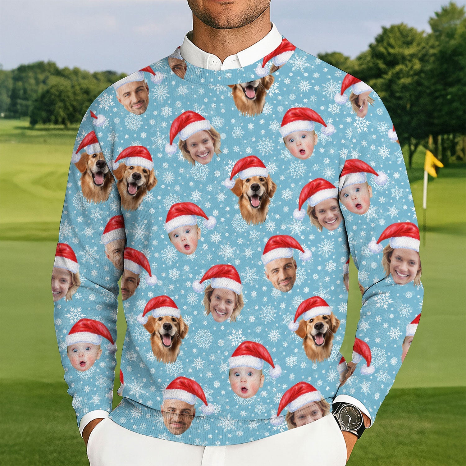 Custom Face Snowflakes Print Ice Blue Golf Ugly Sweater, Christmas Golf Shirt, Golf Sweater, Christmas Golf Gift