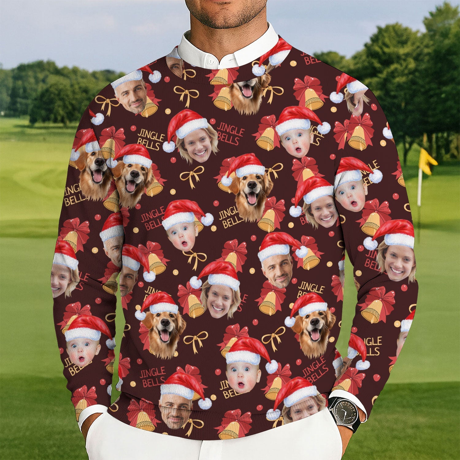Custom Face Christmas Jingle Bells Brown Golf Ugly Sweater, Christmas Golf Shirt, Golf Sweater