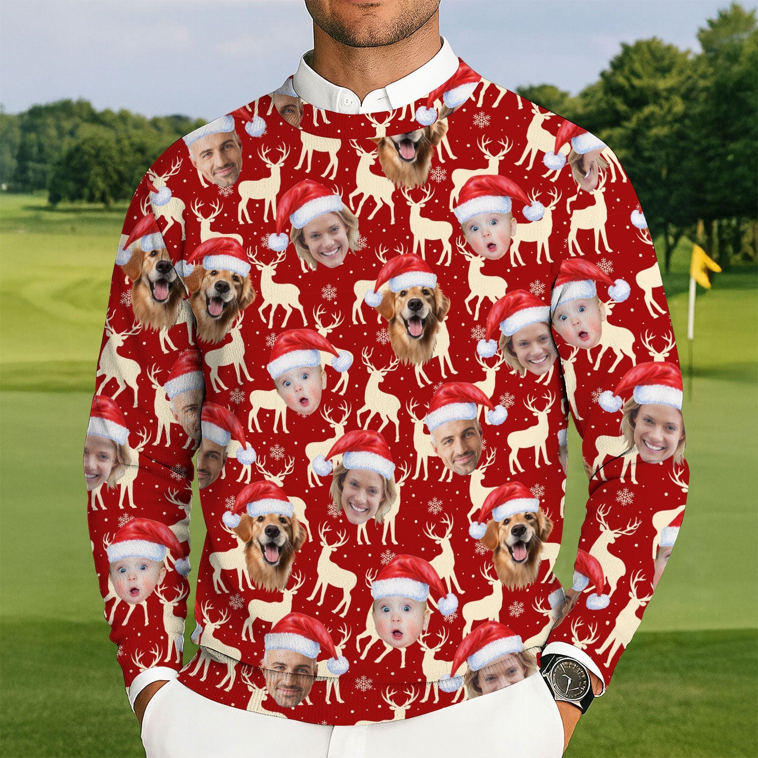 Custom Face Reindeer Pattern Beige And Red Golf Ugly Sweater, Christmas Golf Shirt, Golf Sweater