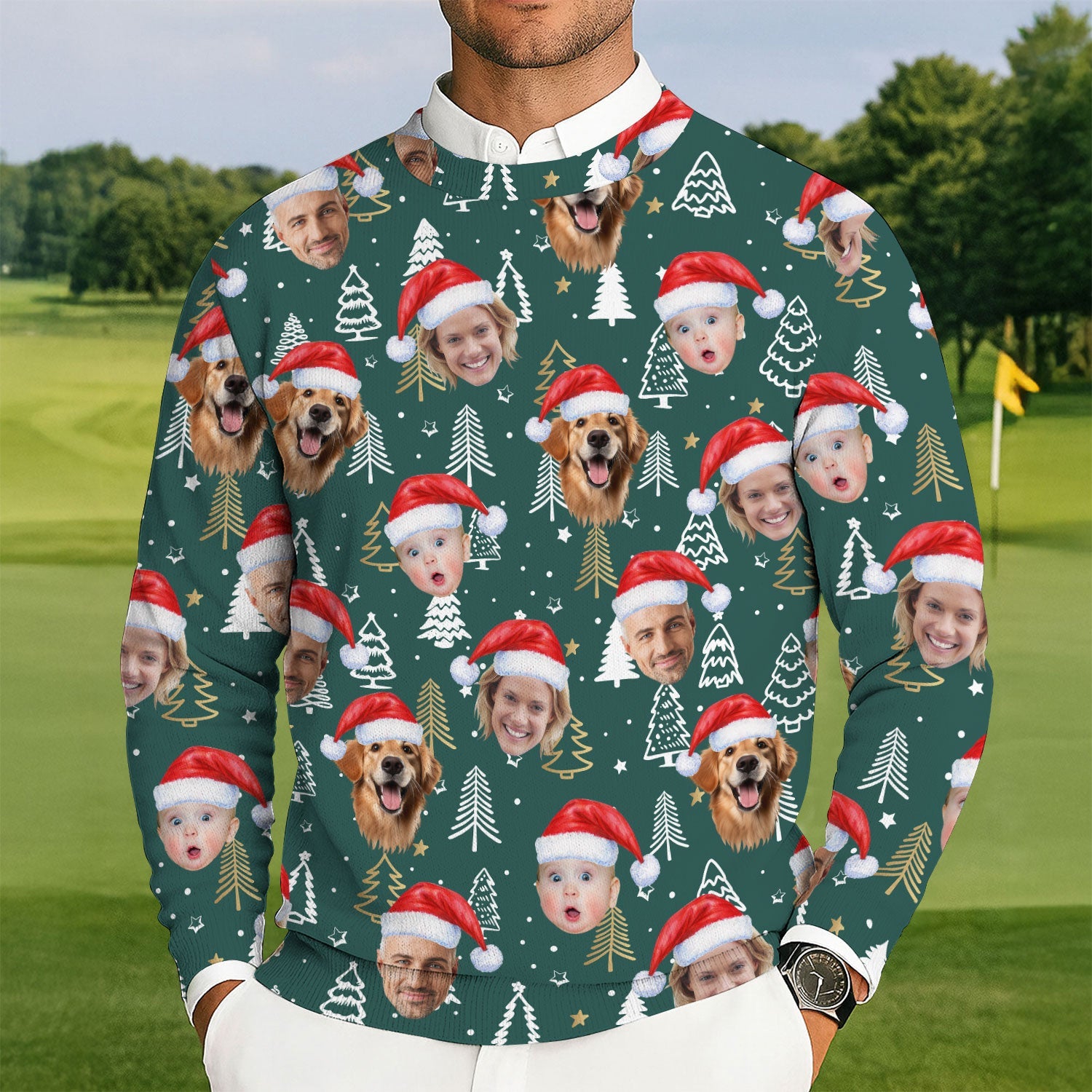 Custom Face Pine Tree Pattern Dark Green Golf Ugly Sweater, Christmas Golf Shirt, Golf Sweater