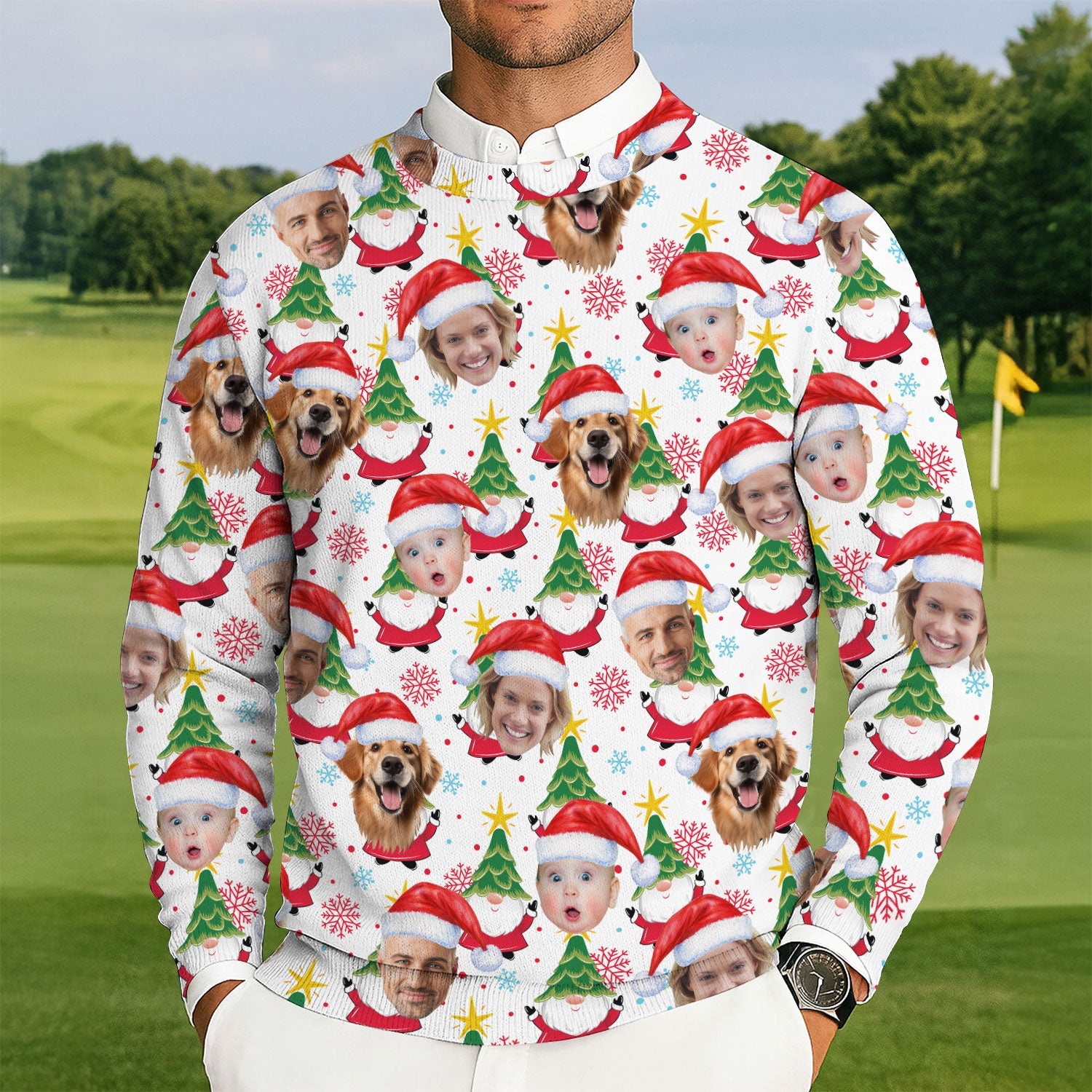 Custom Face Cute Christmas Gnome White Golf Ugly Sweater, Christmas Golf Shirt, Golf Sweater, Christmas Golf Gift