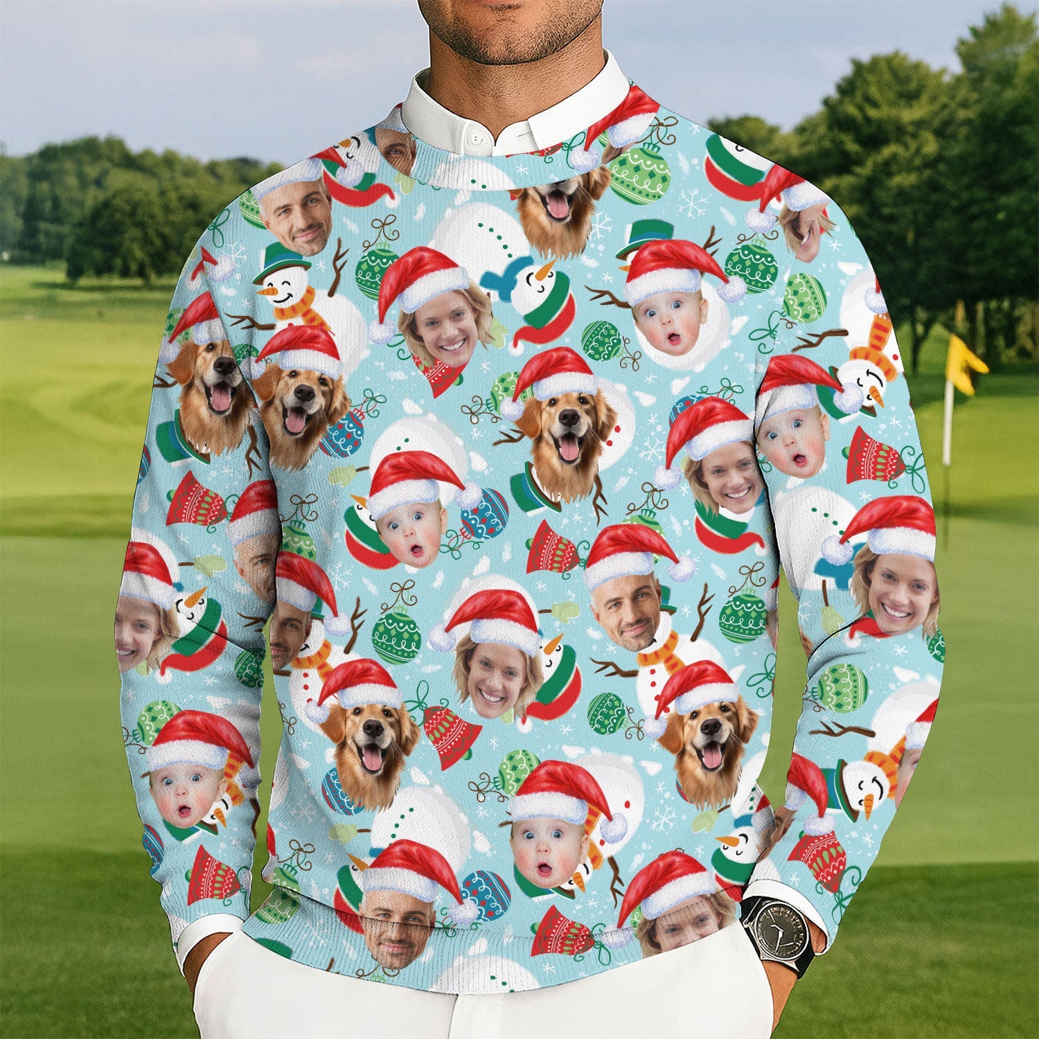 Custom Face Joyful Christmas Icy Blue Golf Ugly Sweater, Christmas Golf Shirt, Golf Sweater, Christmas Golf Gift