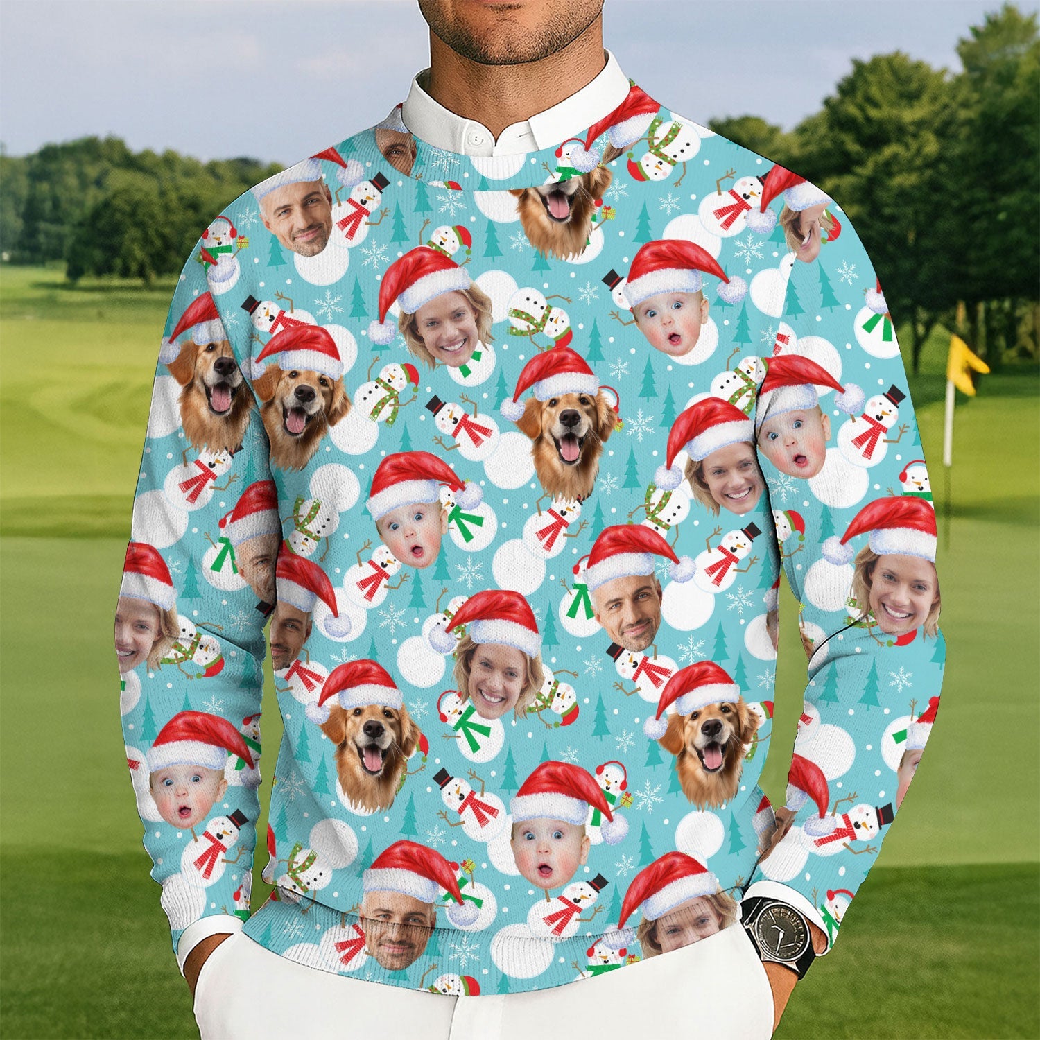 Custom Face Cute Snowman Ice Blue Golf Ugly Sweater, Christmas Golf Shirt, Golf Sweater, Christmas Golf Gift